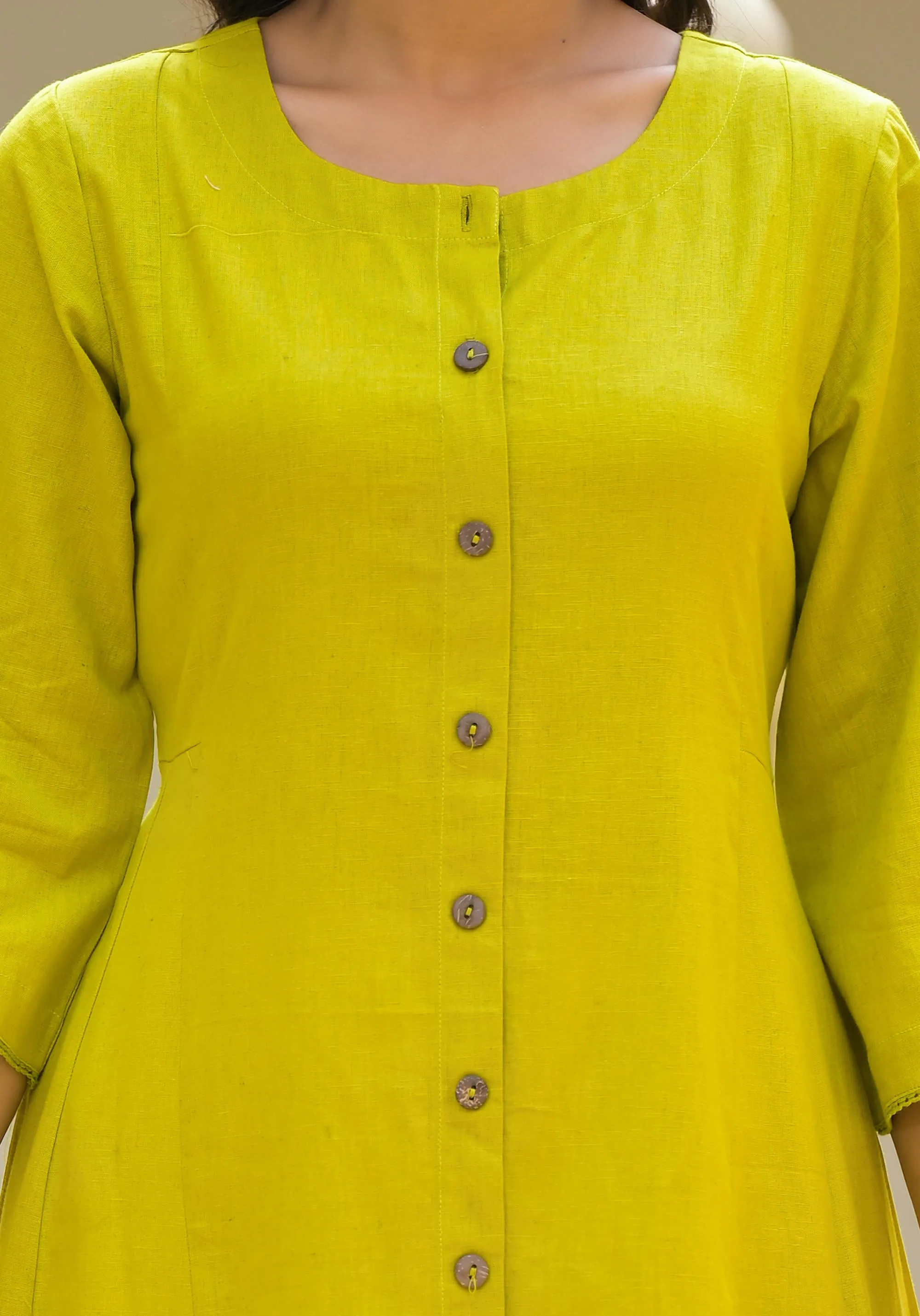 Lime Green Solid Cotton Linen Kurta With Button Closure