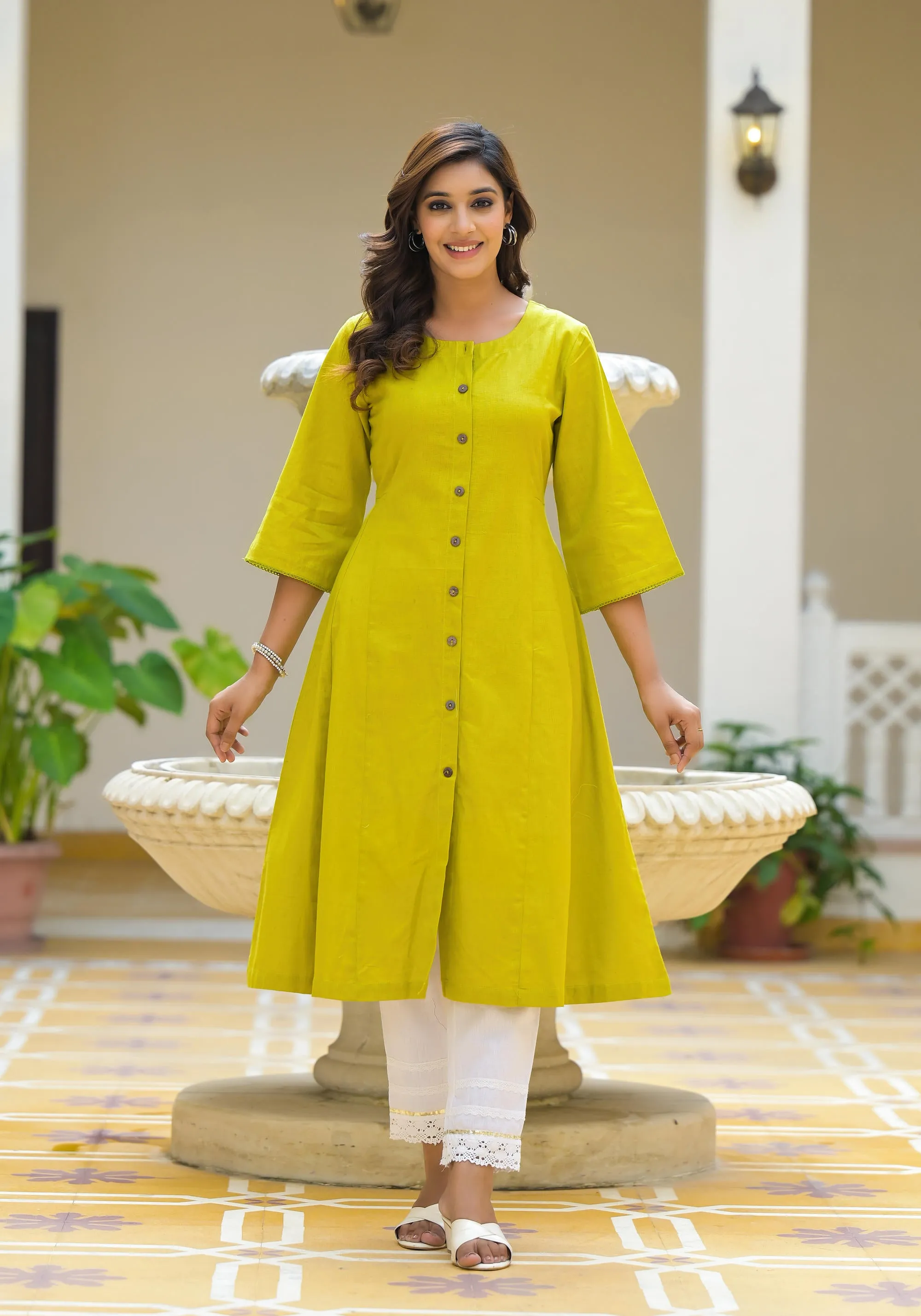 Lime Green Solid Cotton Linen Kurta With Button Closure
