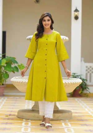 Lime Green Solid Cotton Linen Kurta With Button Closure