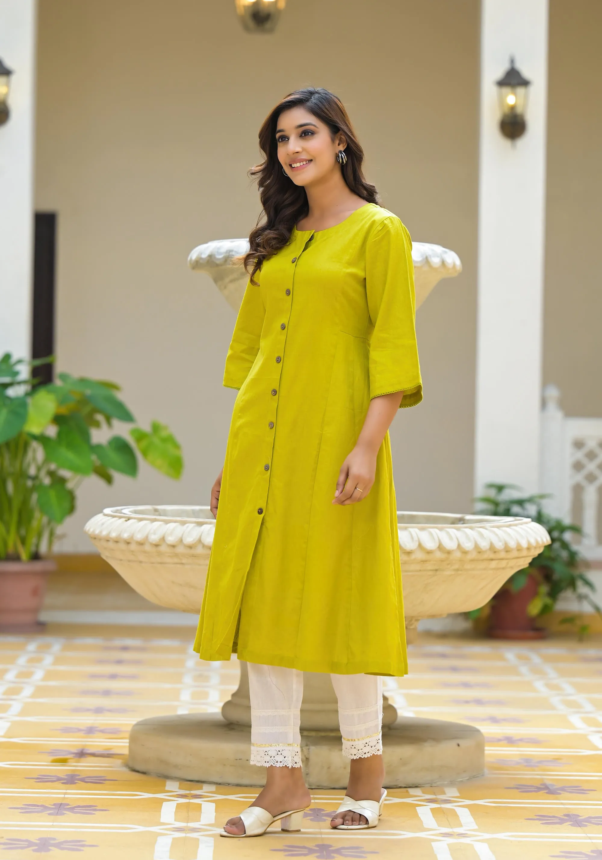 Lime Green Solid Cotton Linen Kurta With Button Closure