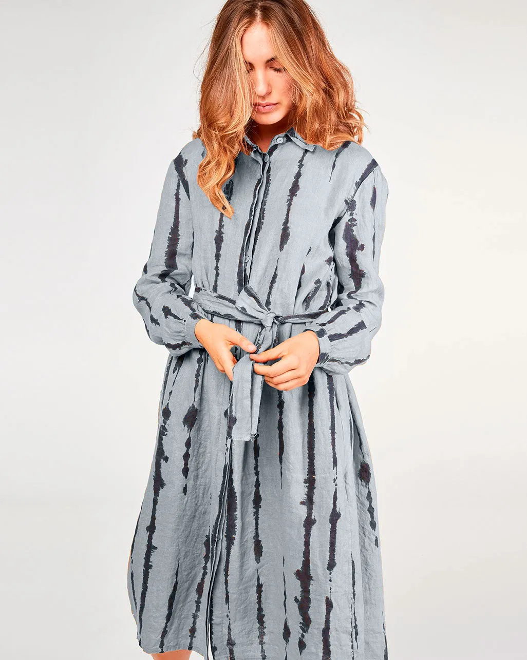 Linen Drip Striped TIe-Waist Button-Up Shirtdress