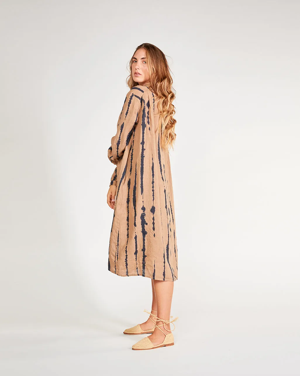 Linen Drip Striped TIe-Waist Button-Up Shirtdress