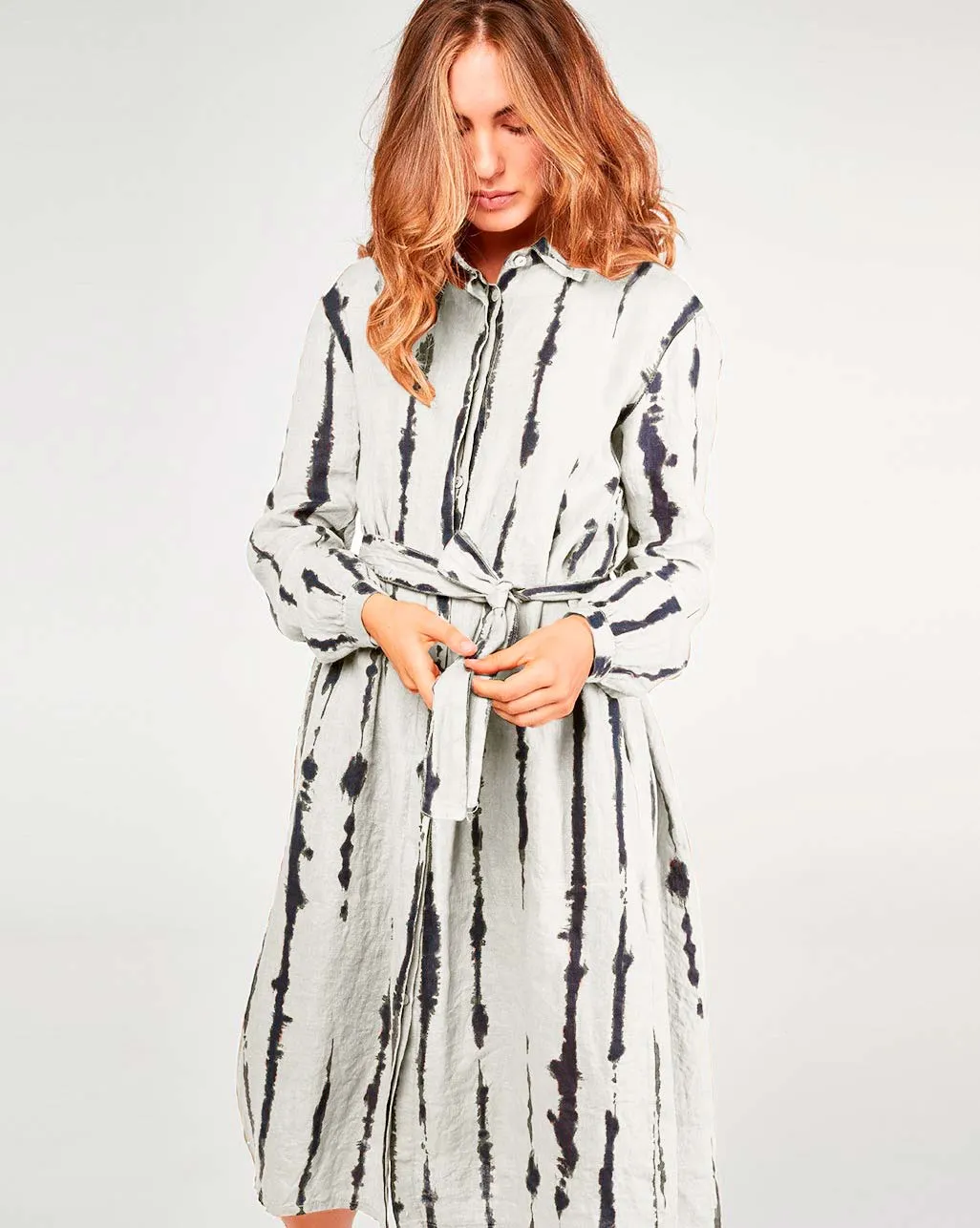 Linen Drip Striped TIe-Waist Button-Up Shirtdress
