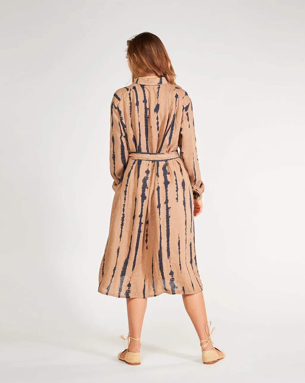 Linen Drip Striped TIe-Waist Button-Up Shirtdress