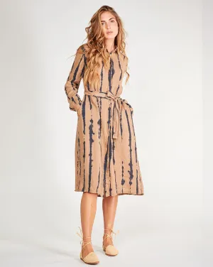 Linen Drip Striped TIe-Waist Button-Up Shirtdress