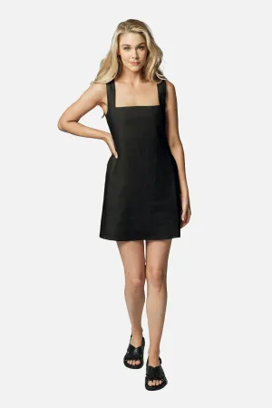 Linen Square Neck Mini Dress BLACK