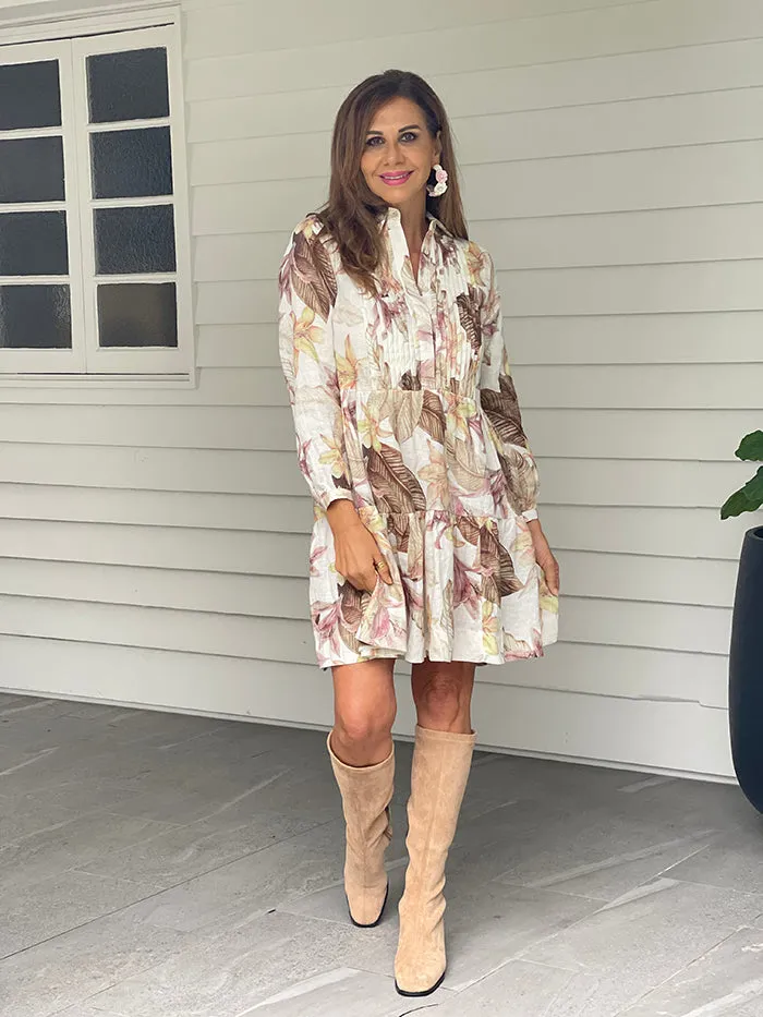 Lyra Pintuck Linen Dress - Soft Floral