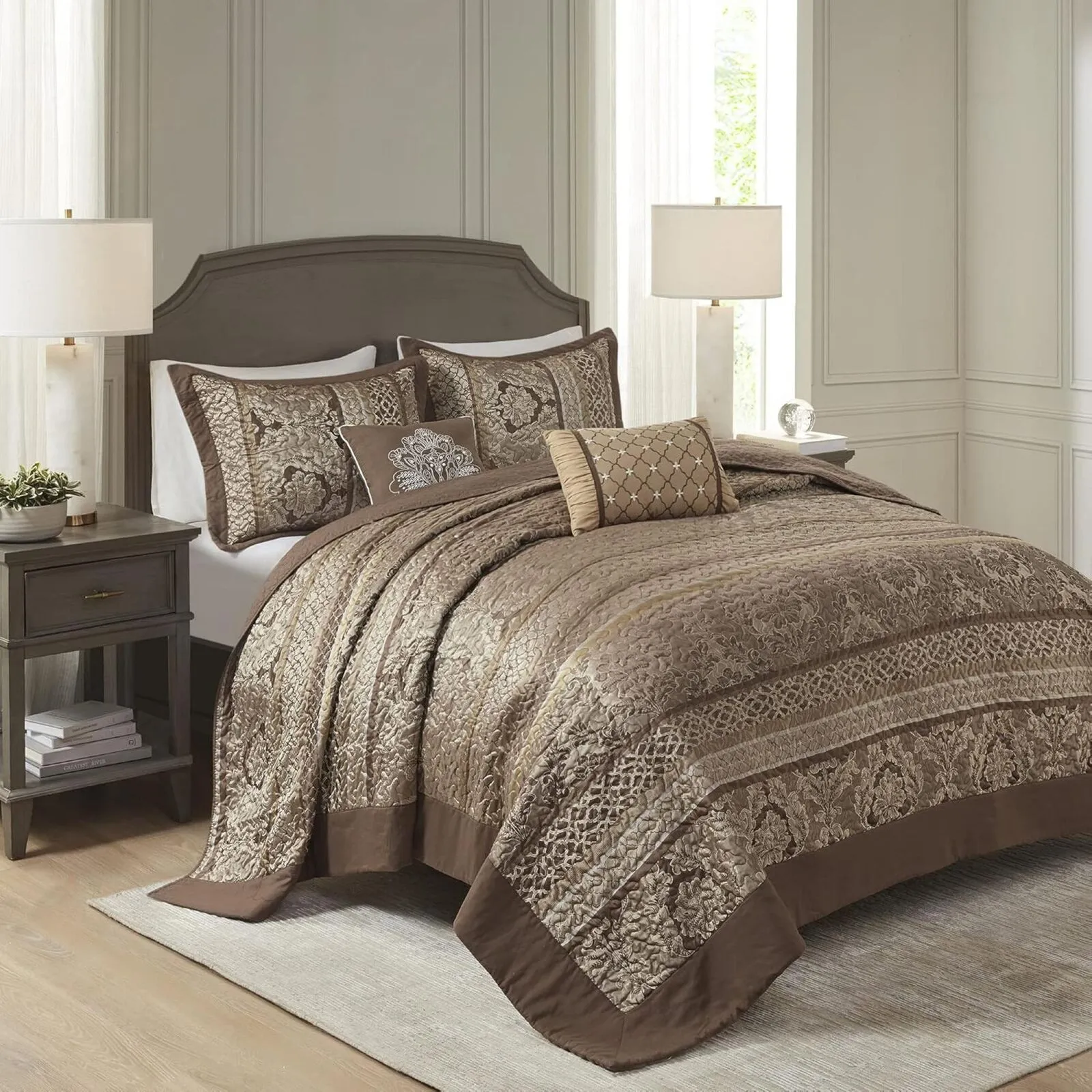 Madison Park Bellagio Quilted 5-Pc. Bedspread Set 72292270018 Brown / Gold Queen