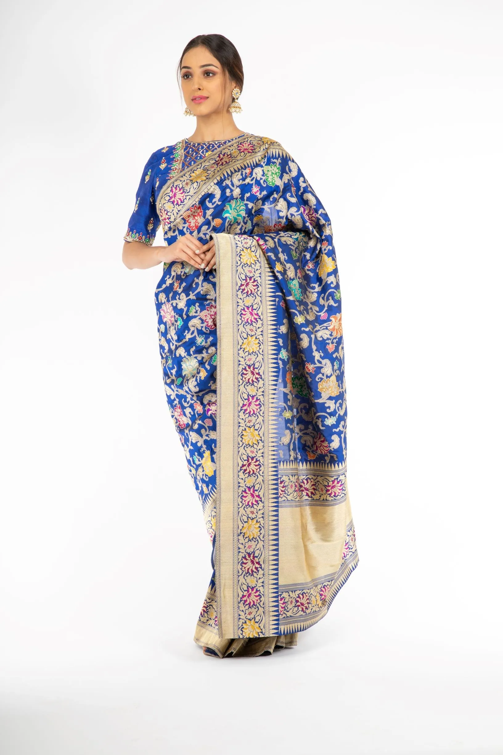 Marvelous Royal Blue Handloom Saree with Minakari Butta Kadwa Weaving