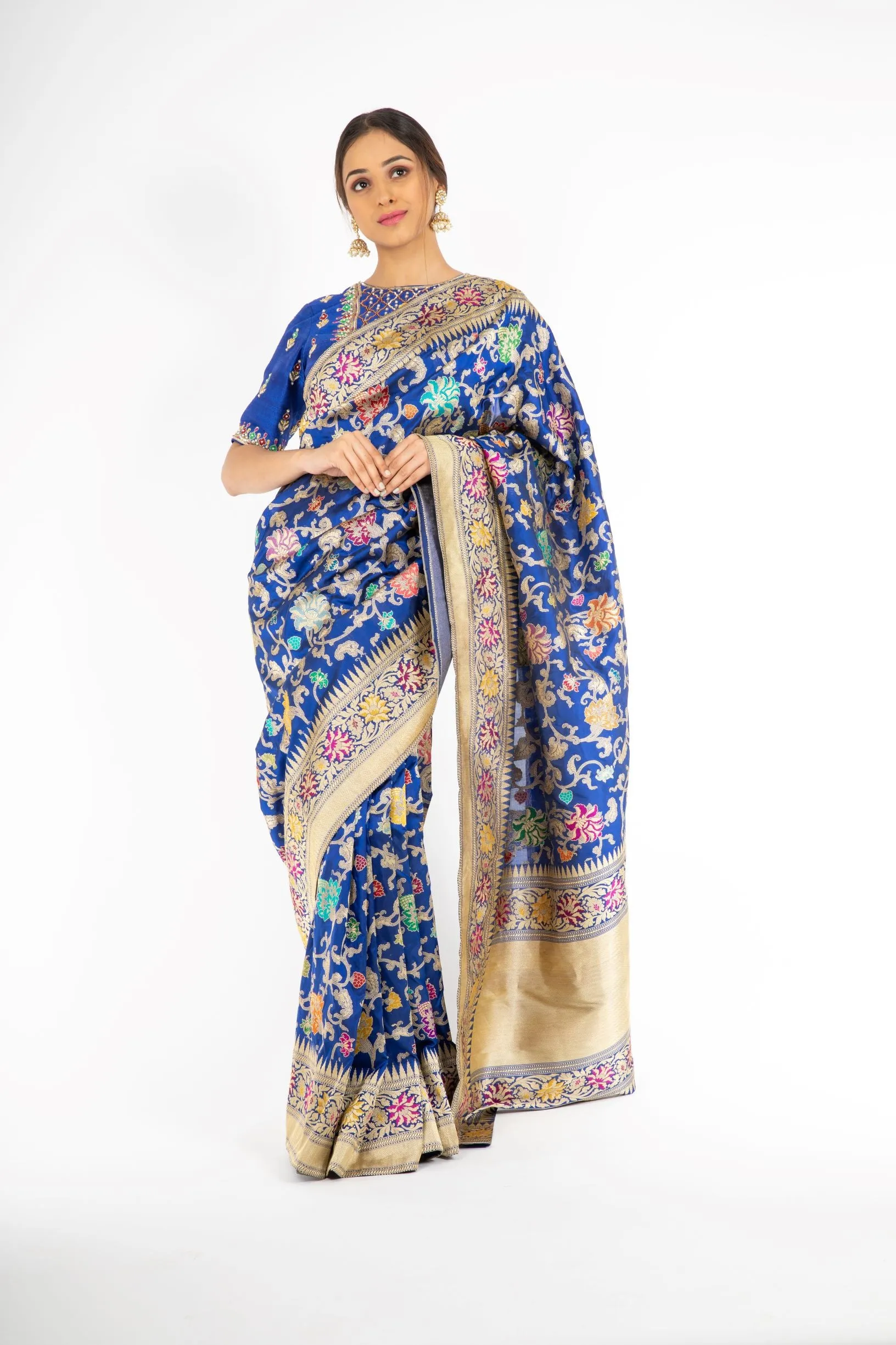 Marvelous Royal Blue Handloom Saree with Minakari Butta Kadwa Weaving