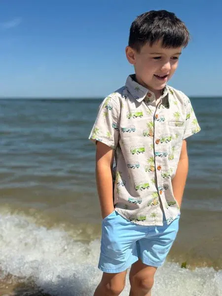 Me & Henry Short Sleeve Button Down Shirt in Camper Van Print: Size 0/3M to 16 Years