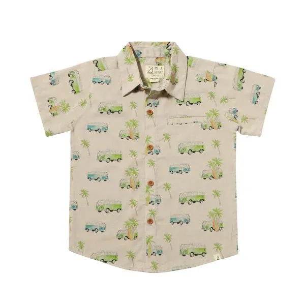 Me & Henry Short Sleeve Button Down Shirt in Camper Van Print: Size 0/3M to 16 Years