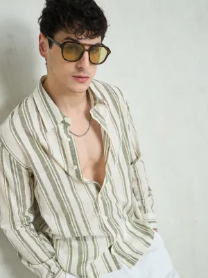 Men Beige & Olive Cotton Stripes Relax Fit Shirt