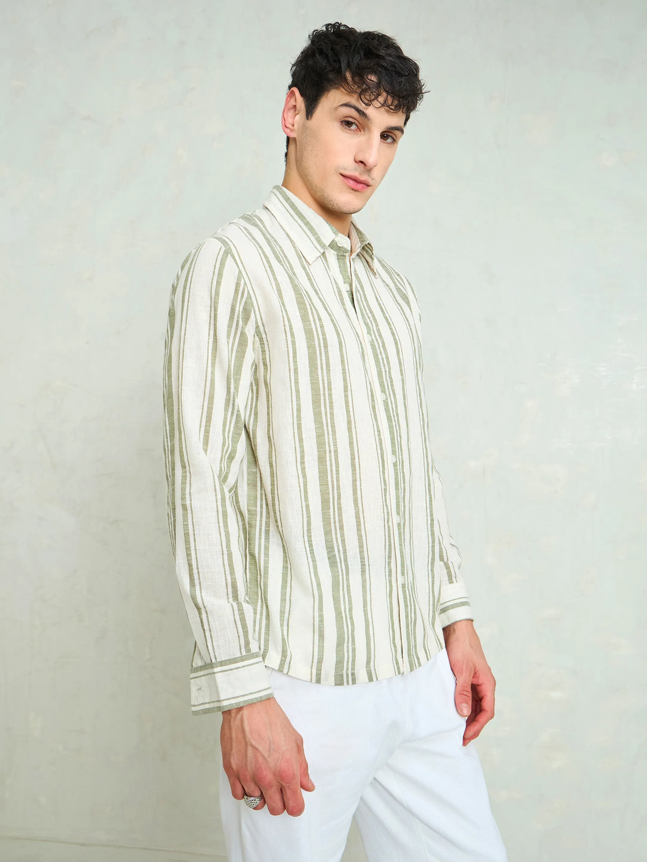 Men Beige & Olive Cotton Stripes Relax Fit Shirt