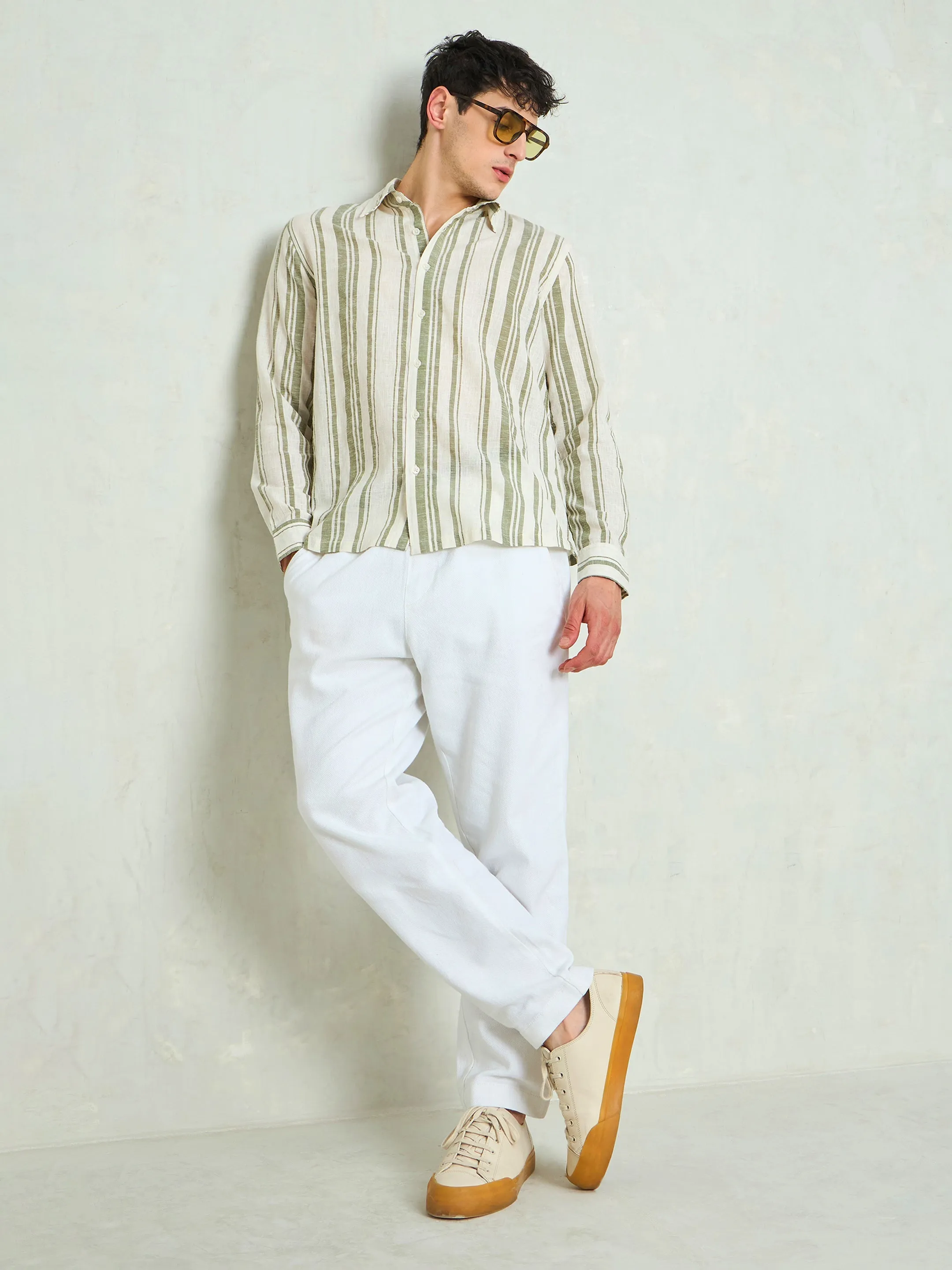Men Beige & Olive Cotton Stripes Relax Fit Shirt