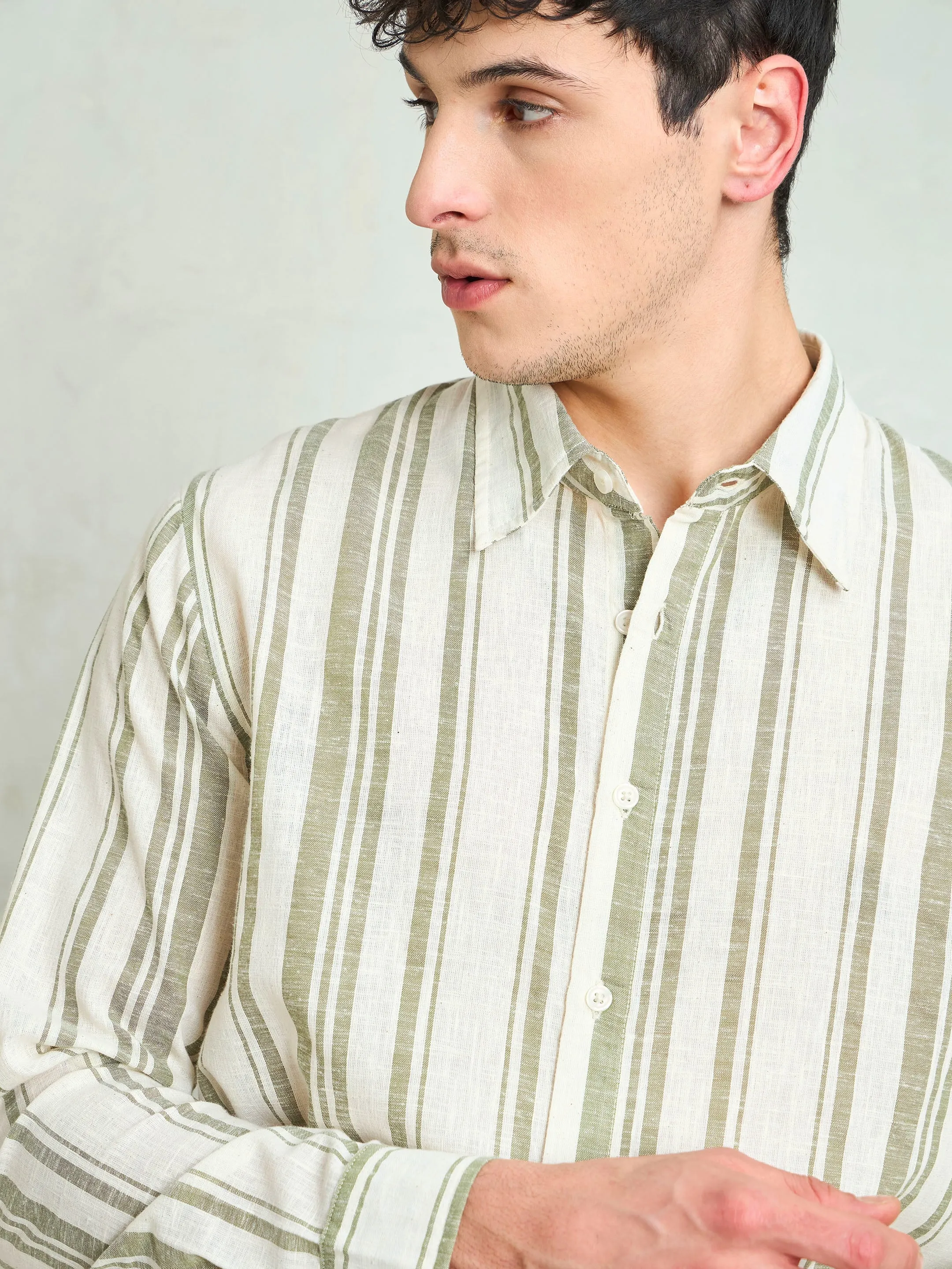 Men Beige & Olive Cotton Stripes Relax Fit Shirt