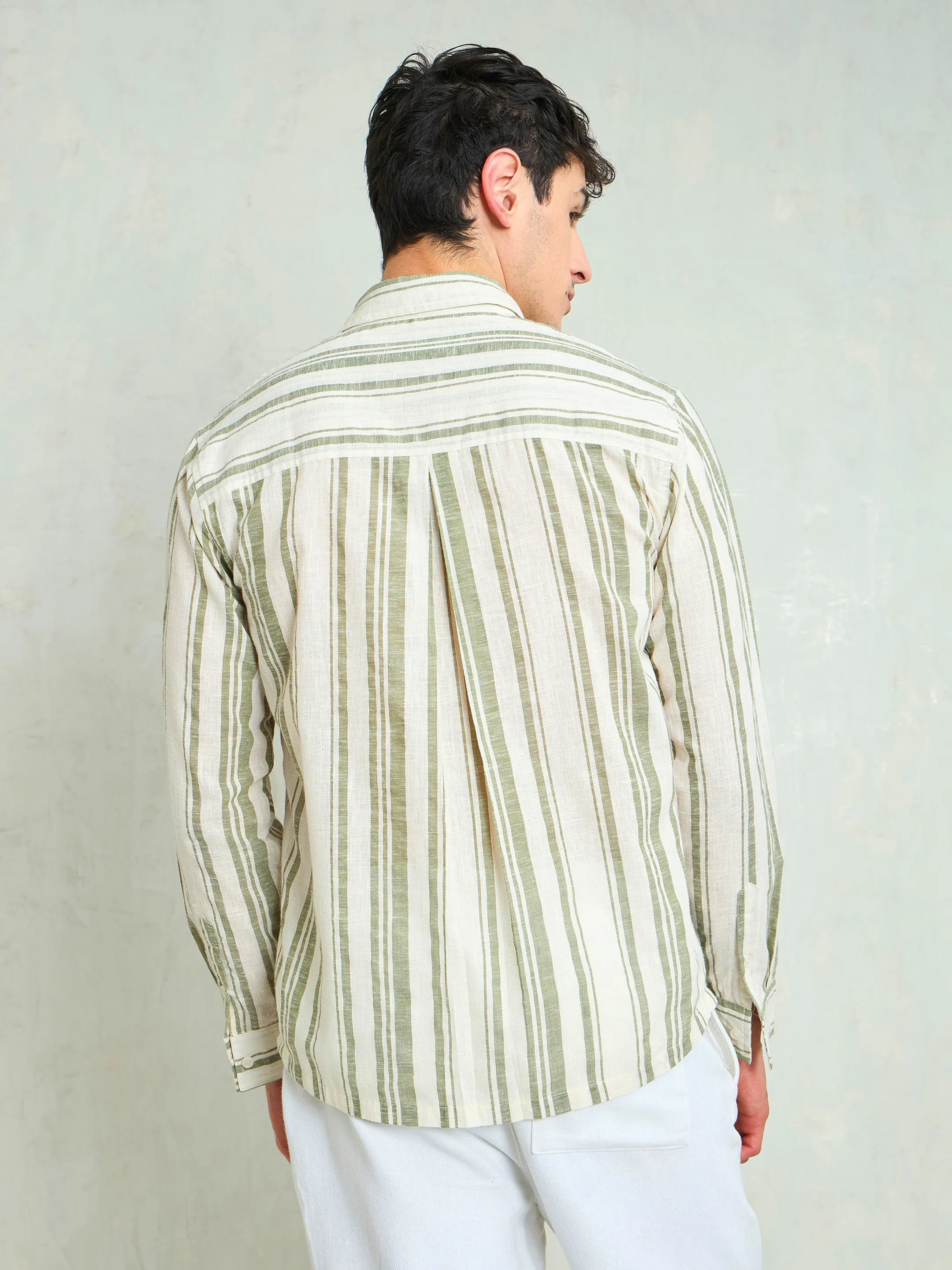 Men Beige & Olive Cotton Stripes Relax Fit Shirt