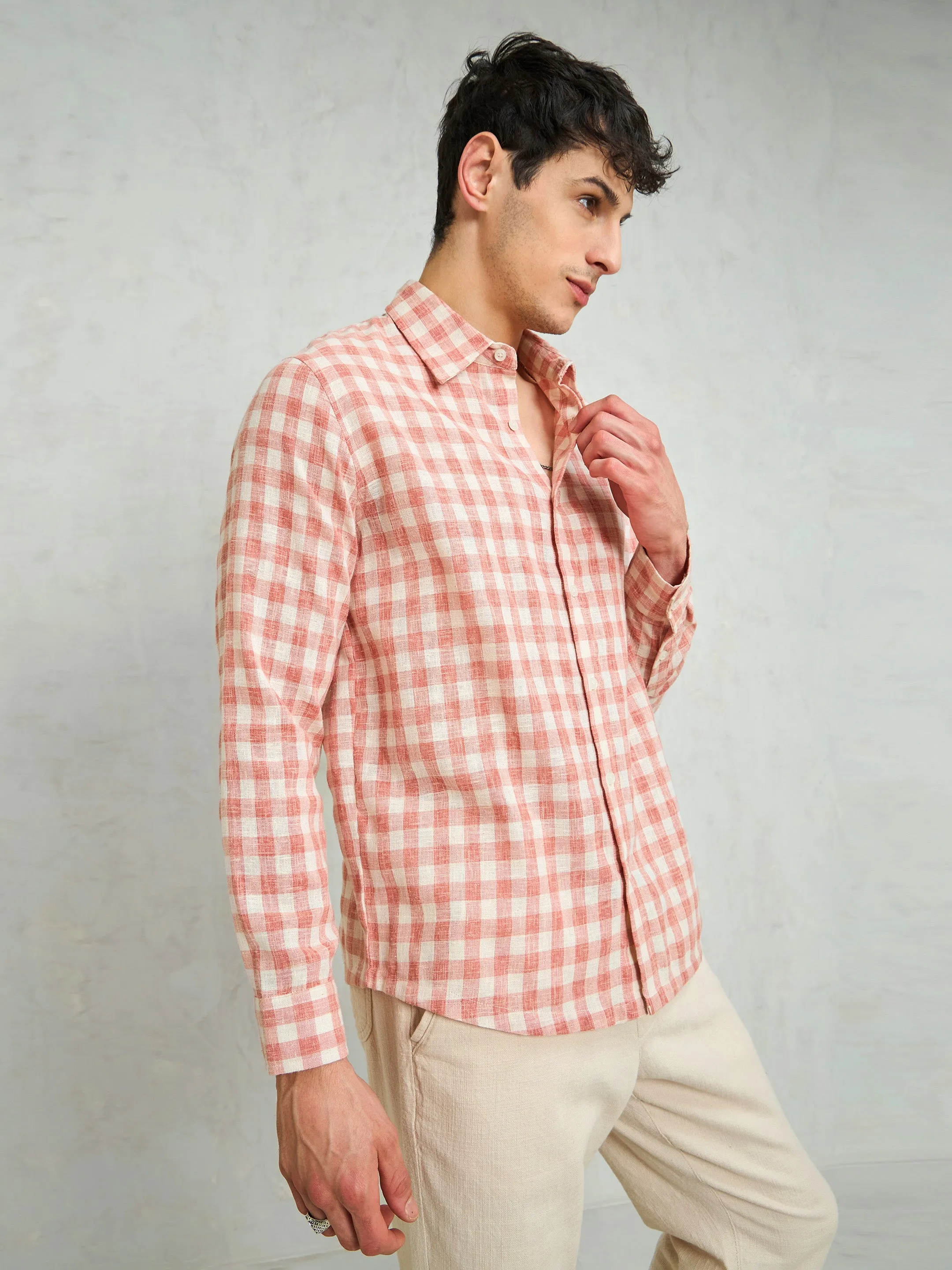 Men Beige & Pink Cotton Check Relax Fit Shirt