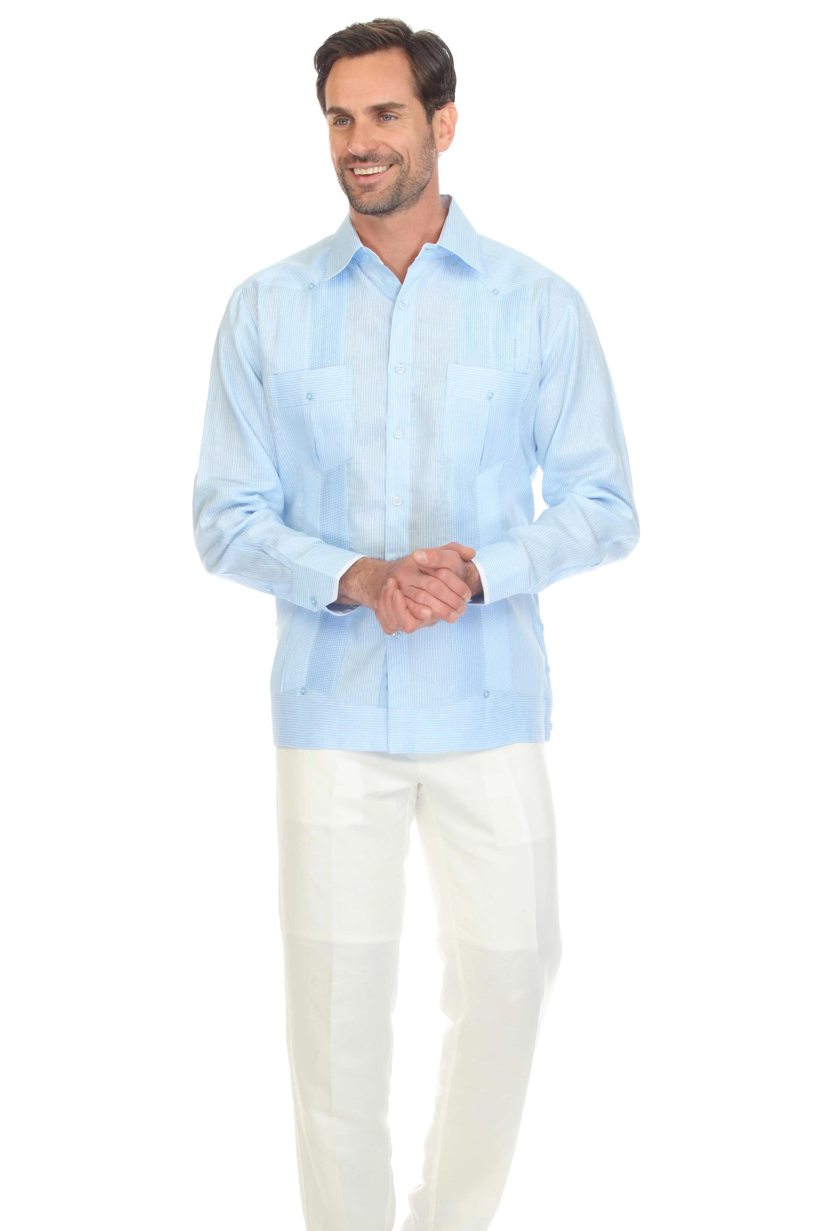 Mojito Men’s 100% Linen Contrast Panel Guayabera Long Sleeve with Refined Detailing