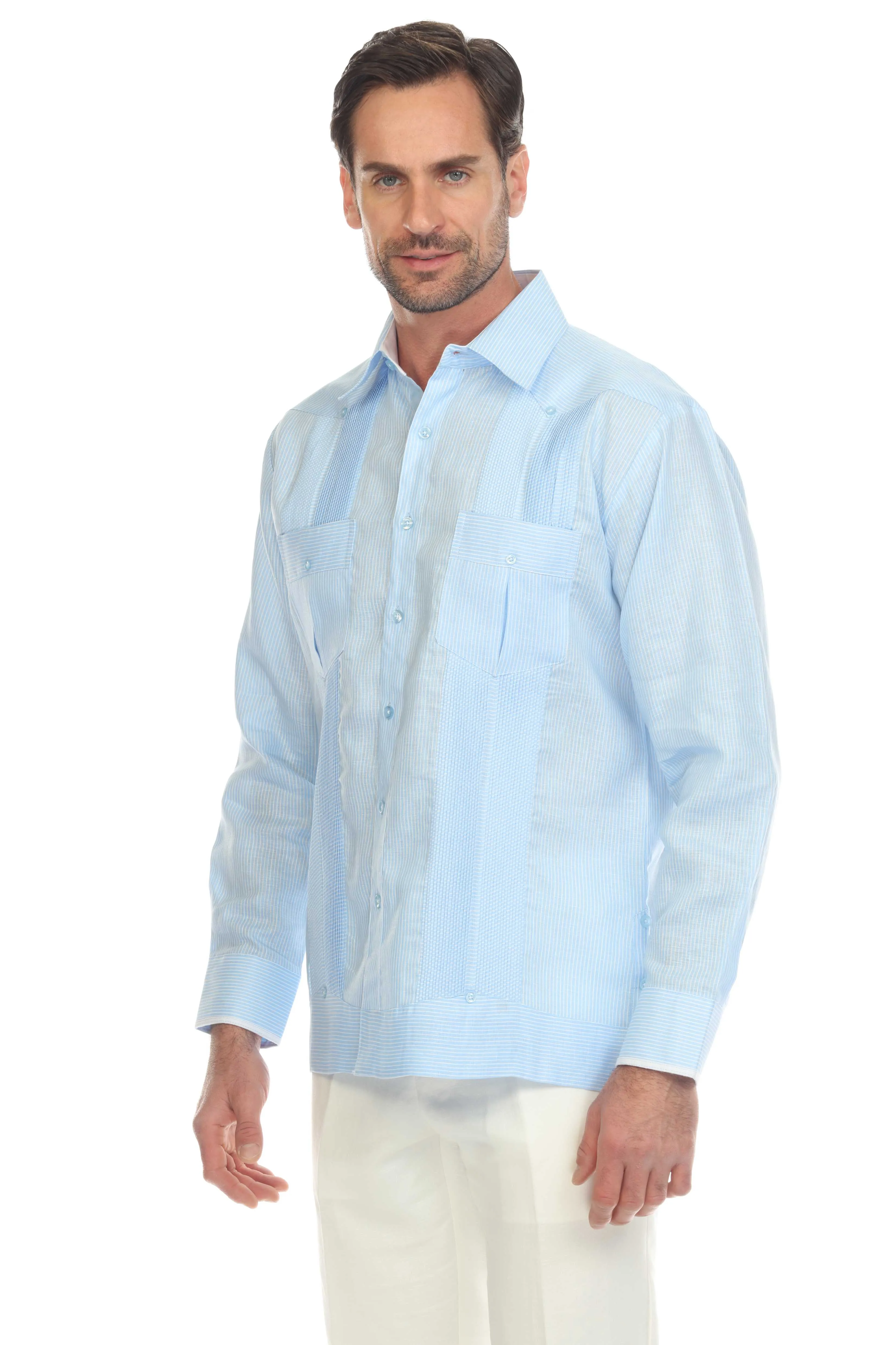 Mojito Men’s 100% Linen Contrast Panel Guayabera Long Sleeve with Refined Detailing