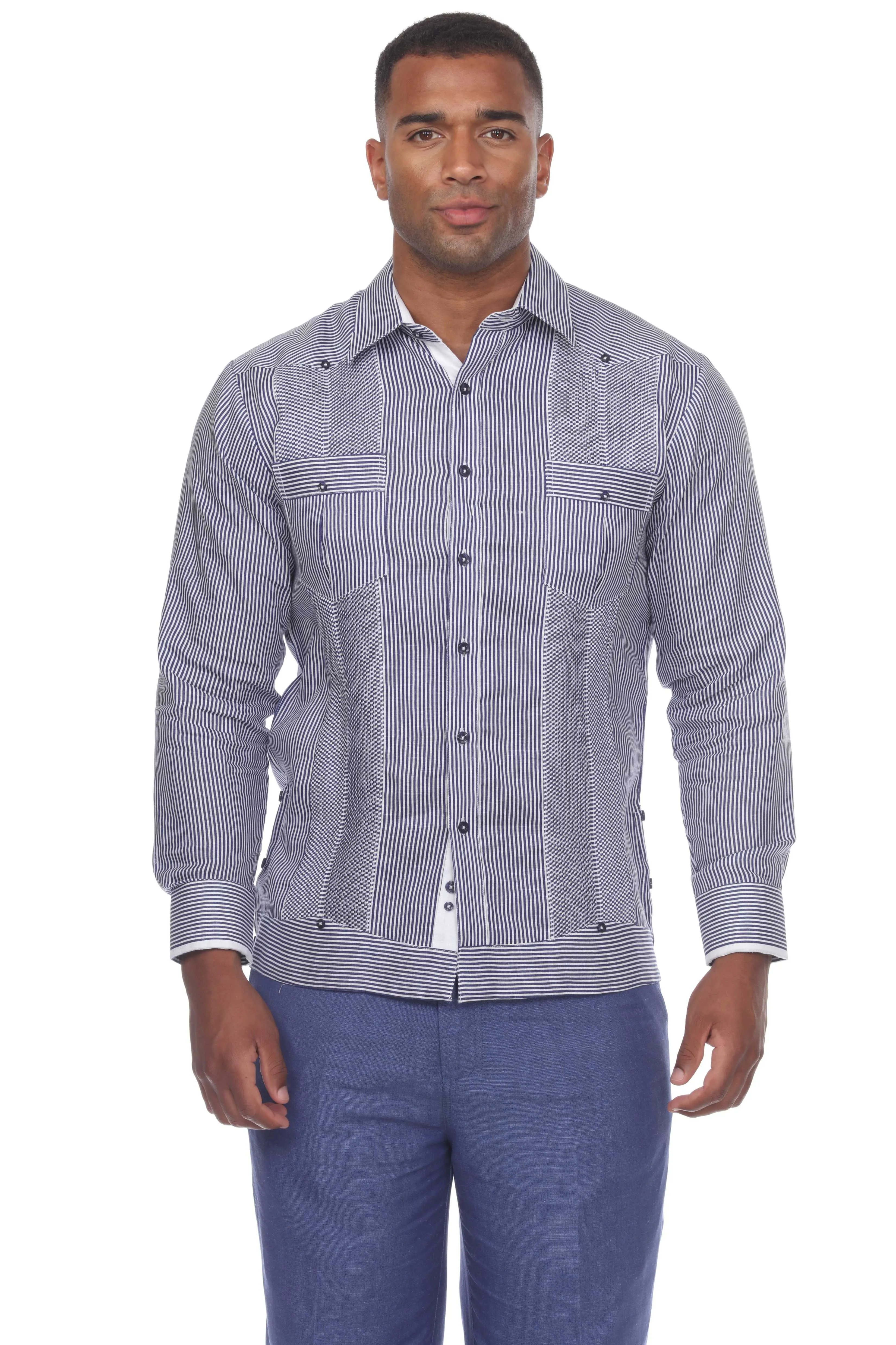 Mojito Men’s 100% Linen Contrast Panel Guayabera Long Sleeve with Refined Detailing