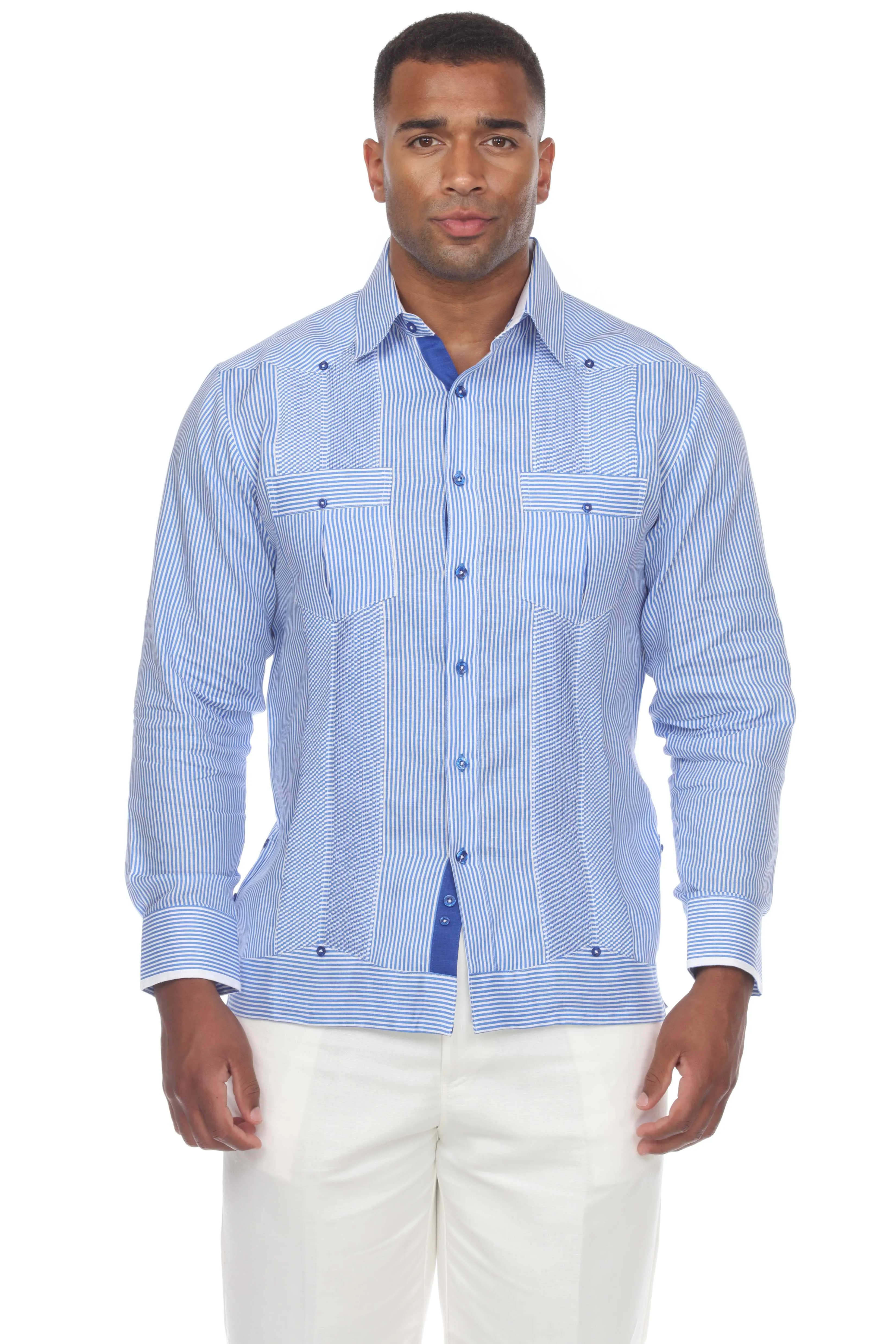 Mojito Men’s 100% Linen Contrast Panel Guayabera Long Sleeve with Refined Detailing