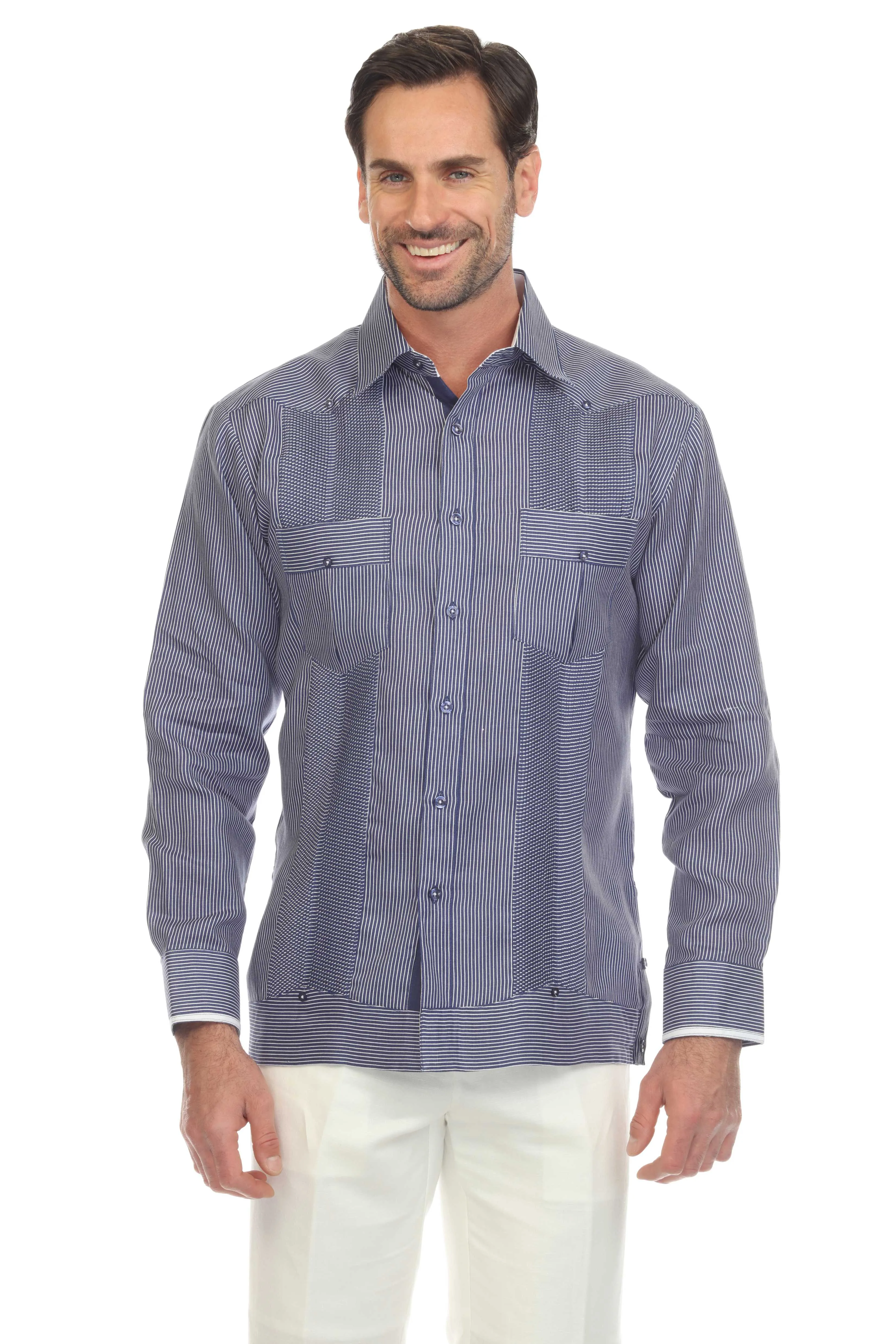 Mojito Men’s 100% Linen Contrast Panel Guayabera Long Sleeve with Refined Detailing