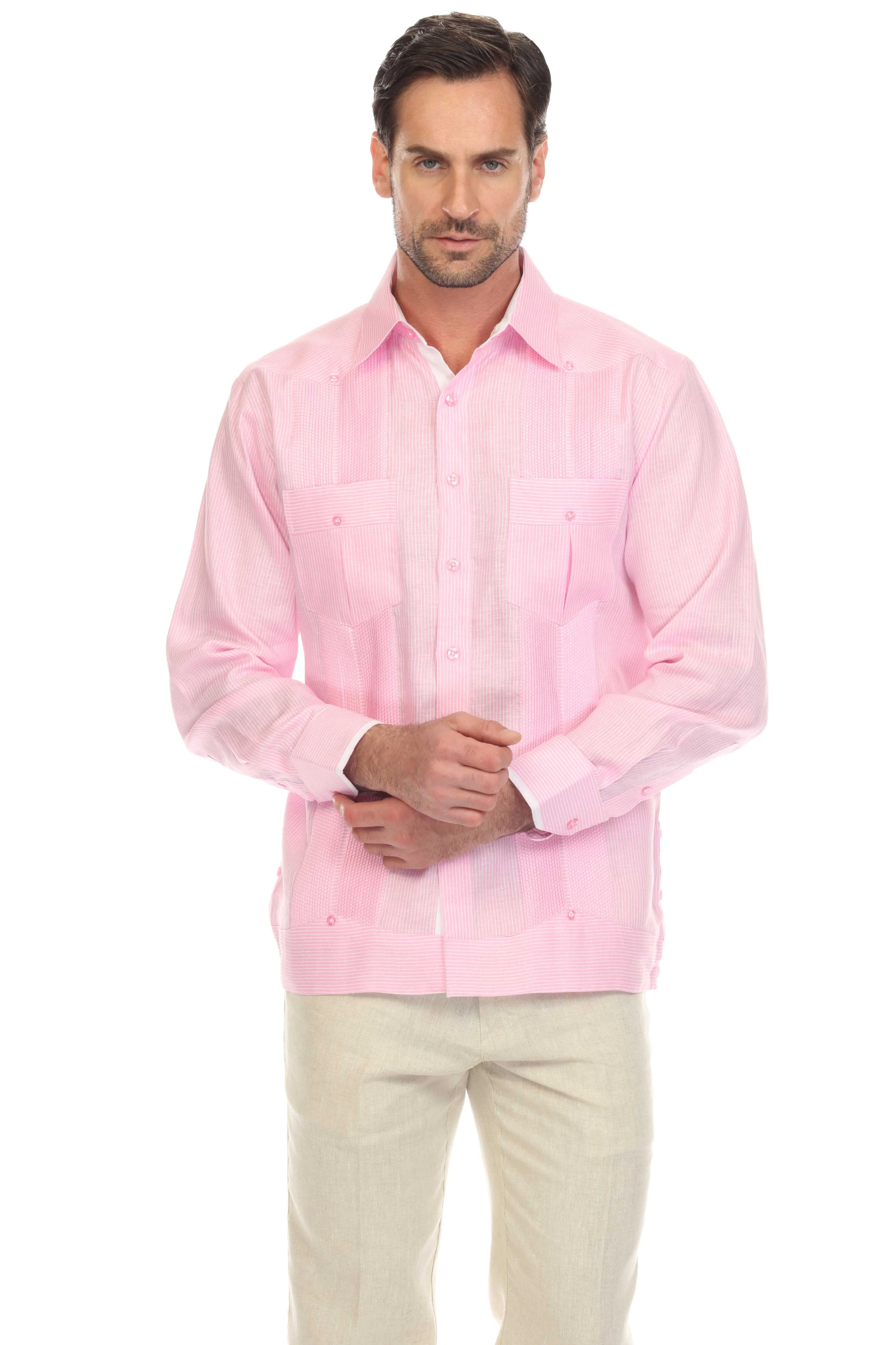 Mojito Men’s 100% Linen Contrast Panel Guayabera Long Sleeve with Refined Detailing