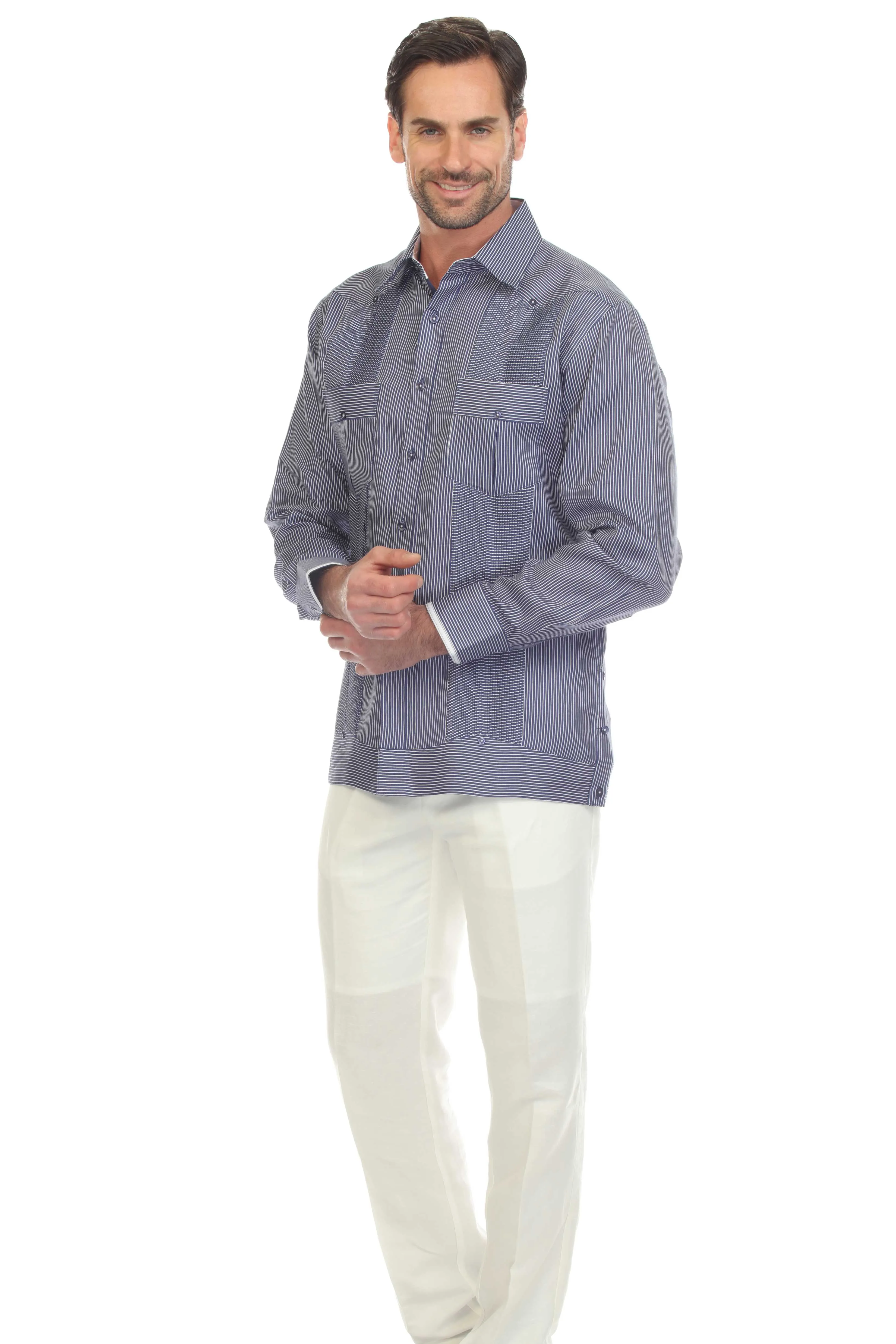 Mojito Men’s 100% Linen Contrast Panel Guayabera Long Sleeve with Refined Detailing