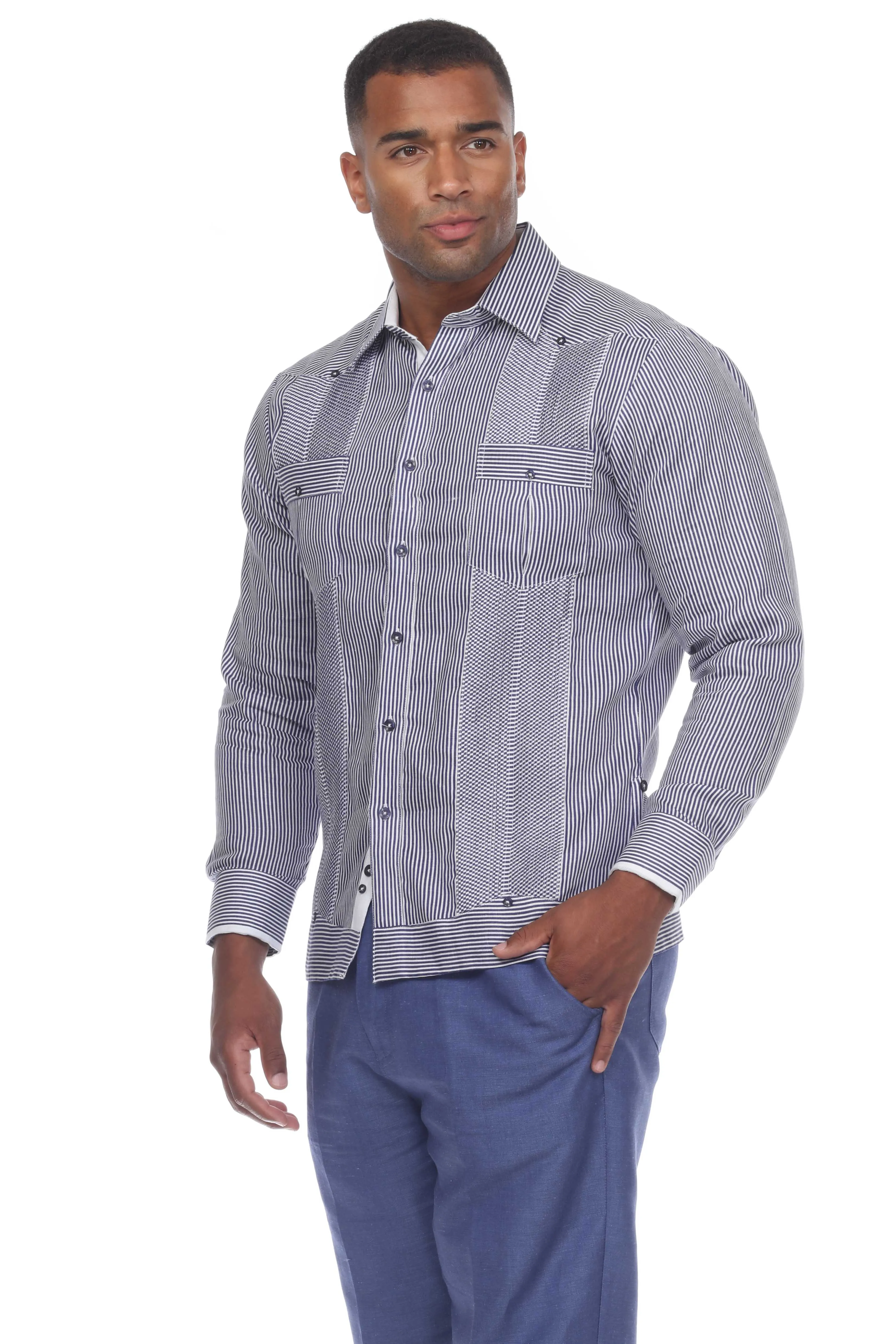 Mojito Men’s 100% Linen Contrast Panel Guayabera Long Sleeve with Refined Detailing