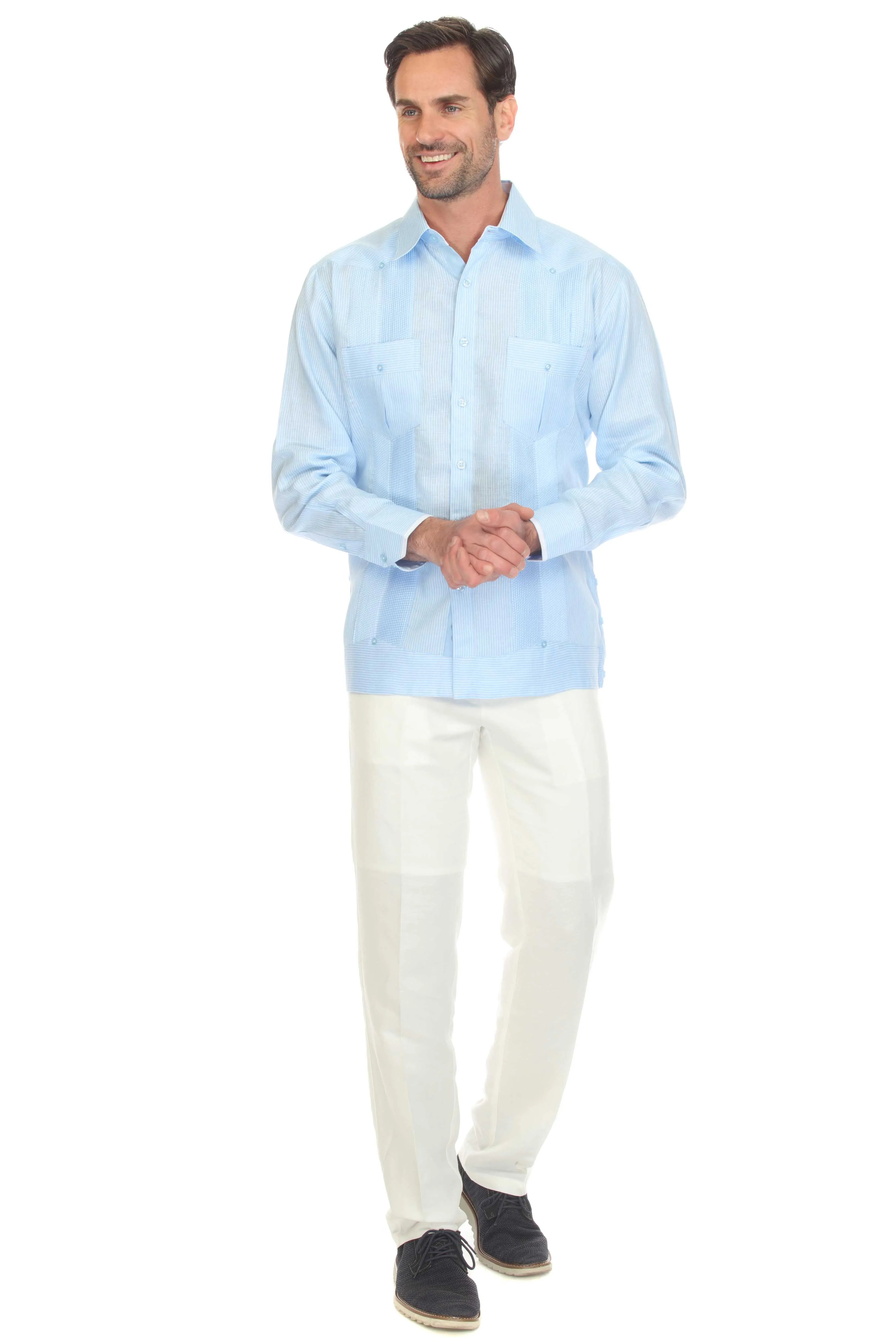 Mojito Men’s 100% Linen Contrast Panel Guayabera Long Sleeve with Refined Detailing