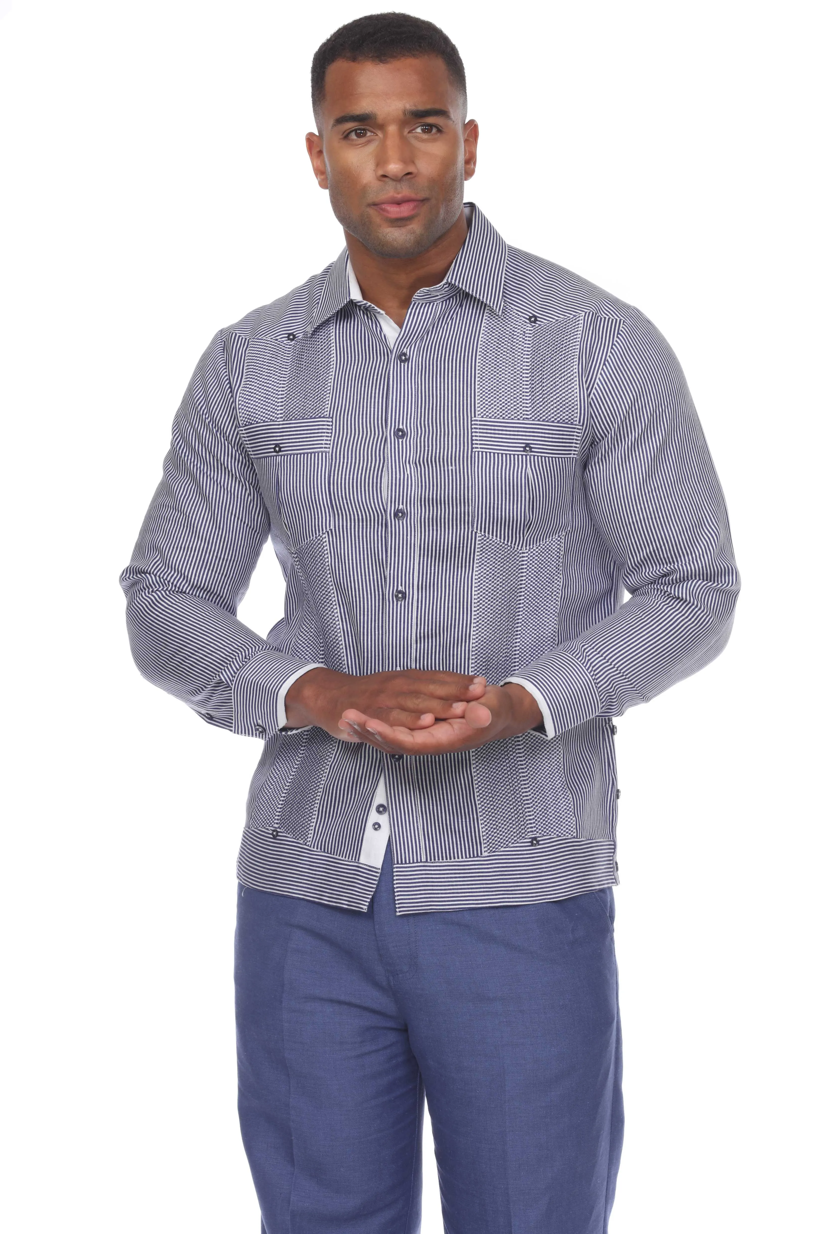 Mojito Men’s 100% Linen Contrast Panel Guayabera Long Sleeve with Refined Detailing