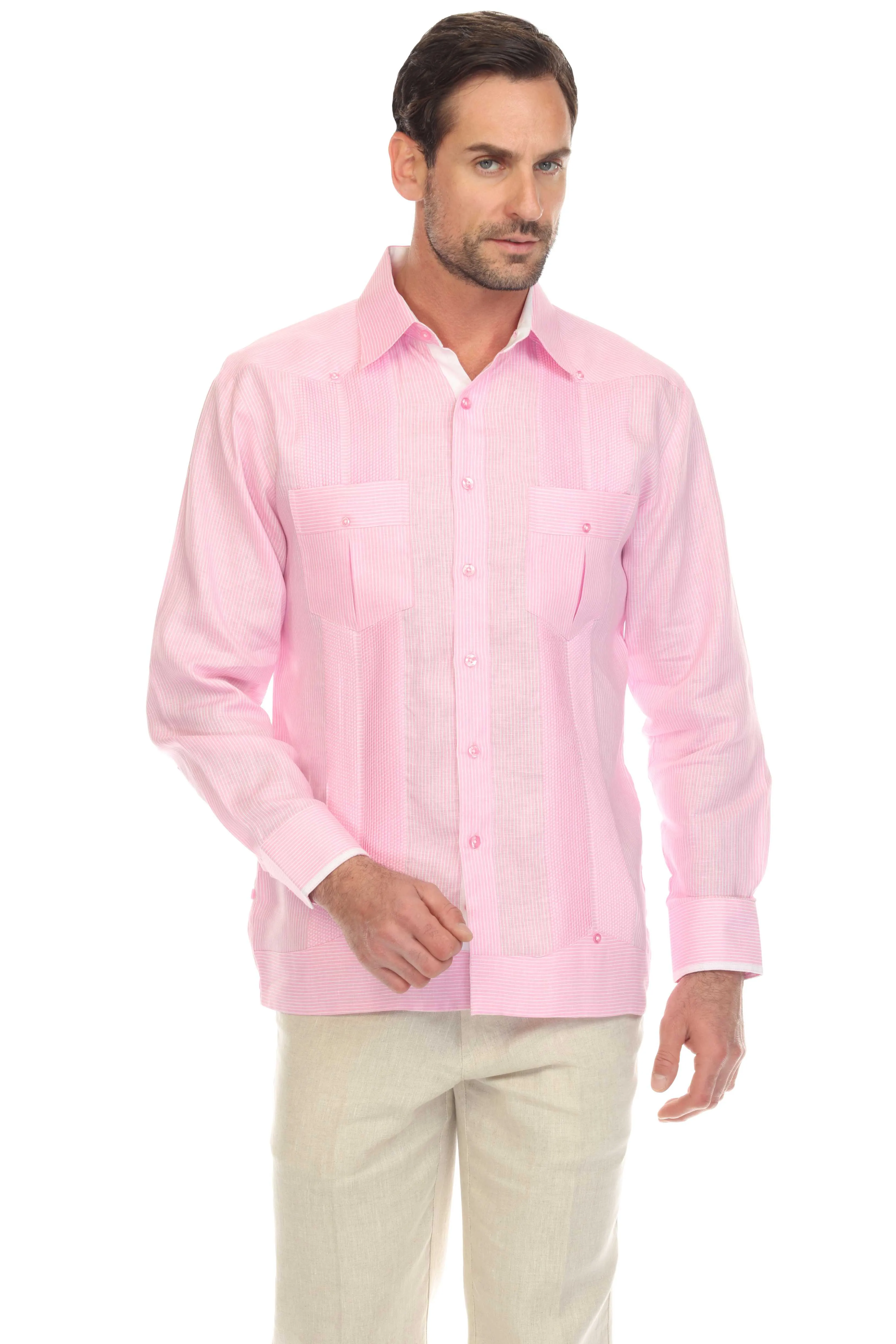 Mojito Men’s 100% Linen Contrast Panel Guayabera Long Sleeve with Refined Detailing