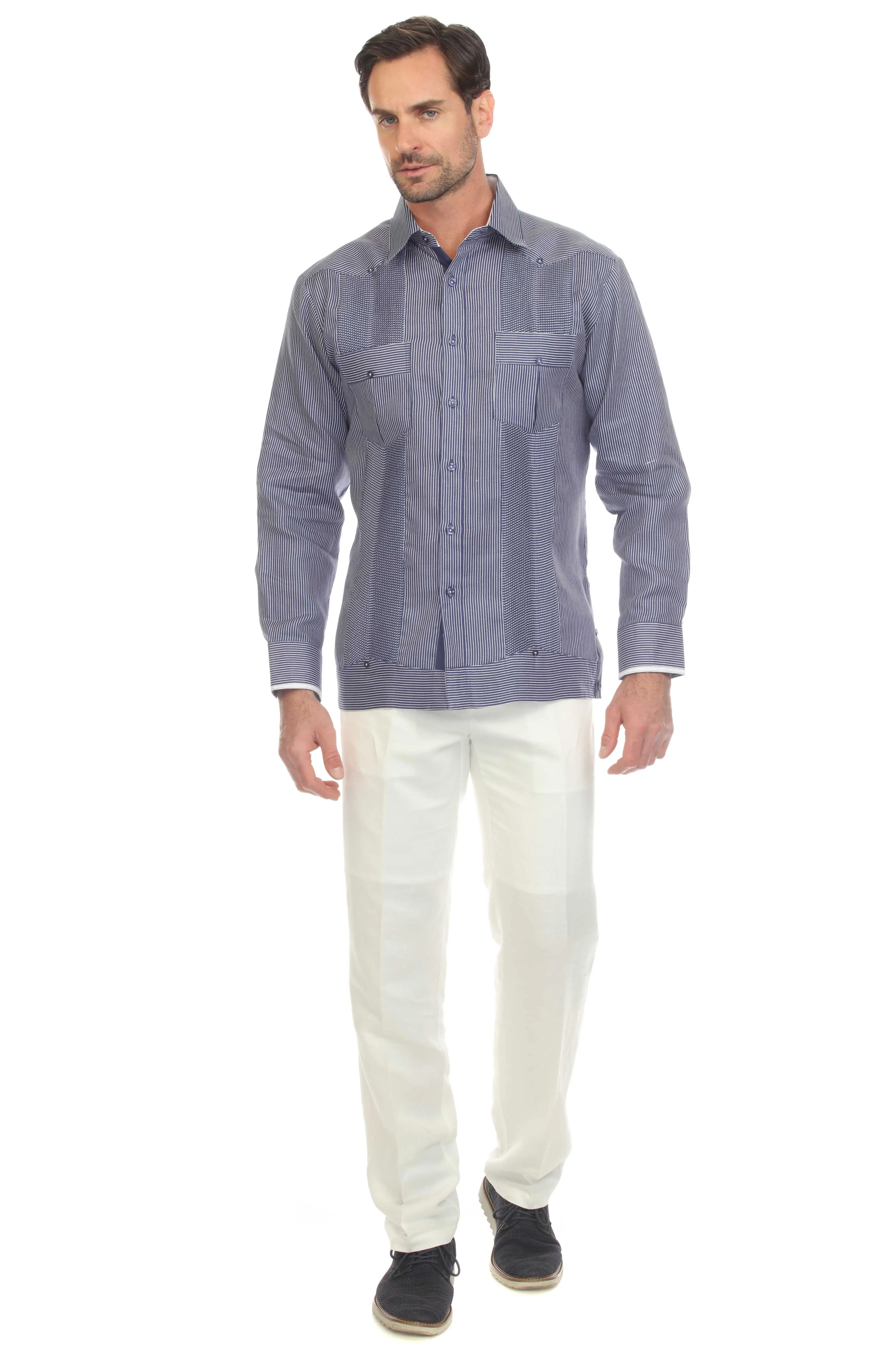 Mojito Men’s 100% Linen Contrast Panel Guayabera Long Sleeve with Refined Detailing