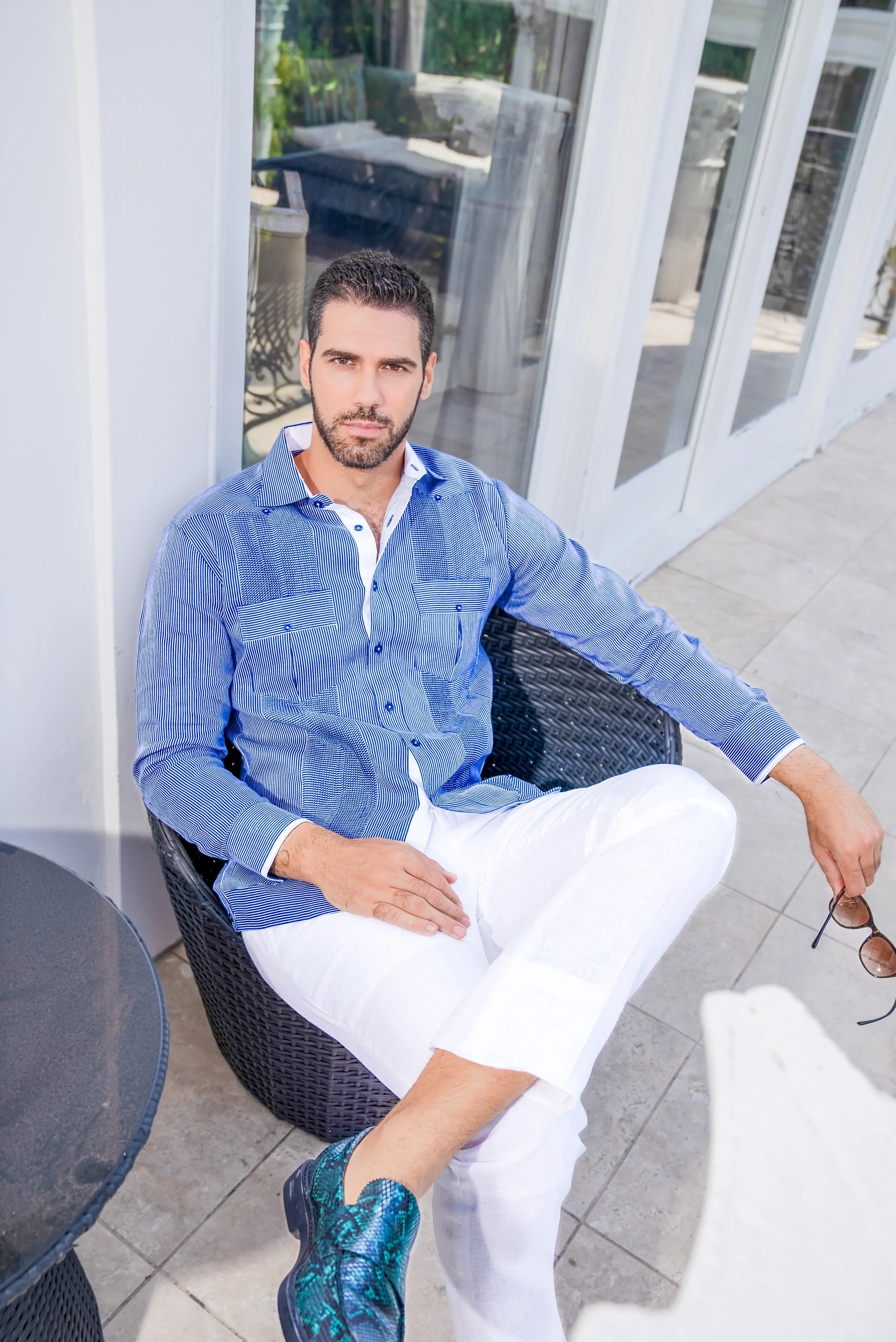 Mojito Men’s 100% Linen Contrast Panel Guayabera Long Sleeve with Refined Detailing