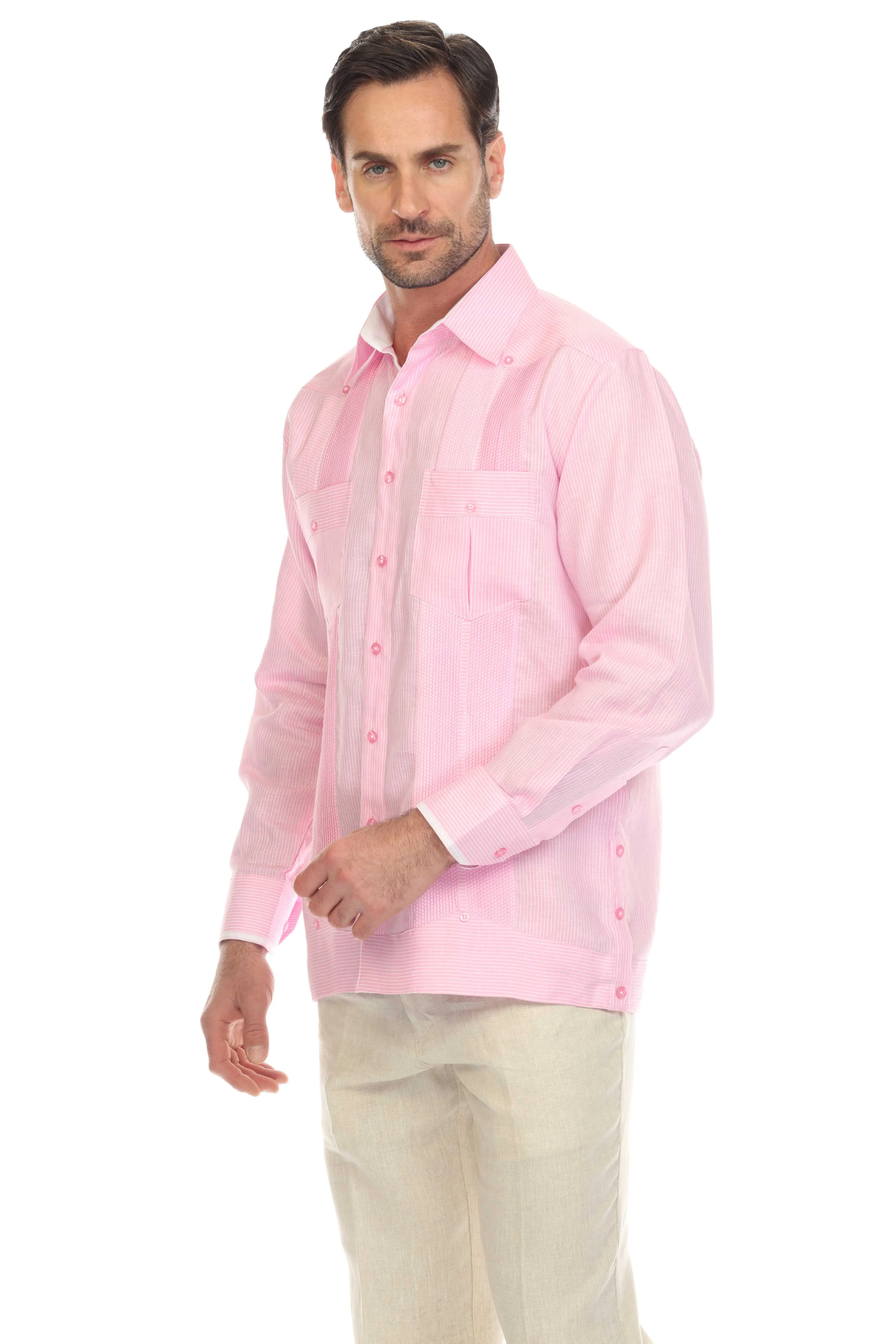 Mojito Men’s 100% Linen Contrast Panel Guayabera Long Sleeve with Refined Detailing
