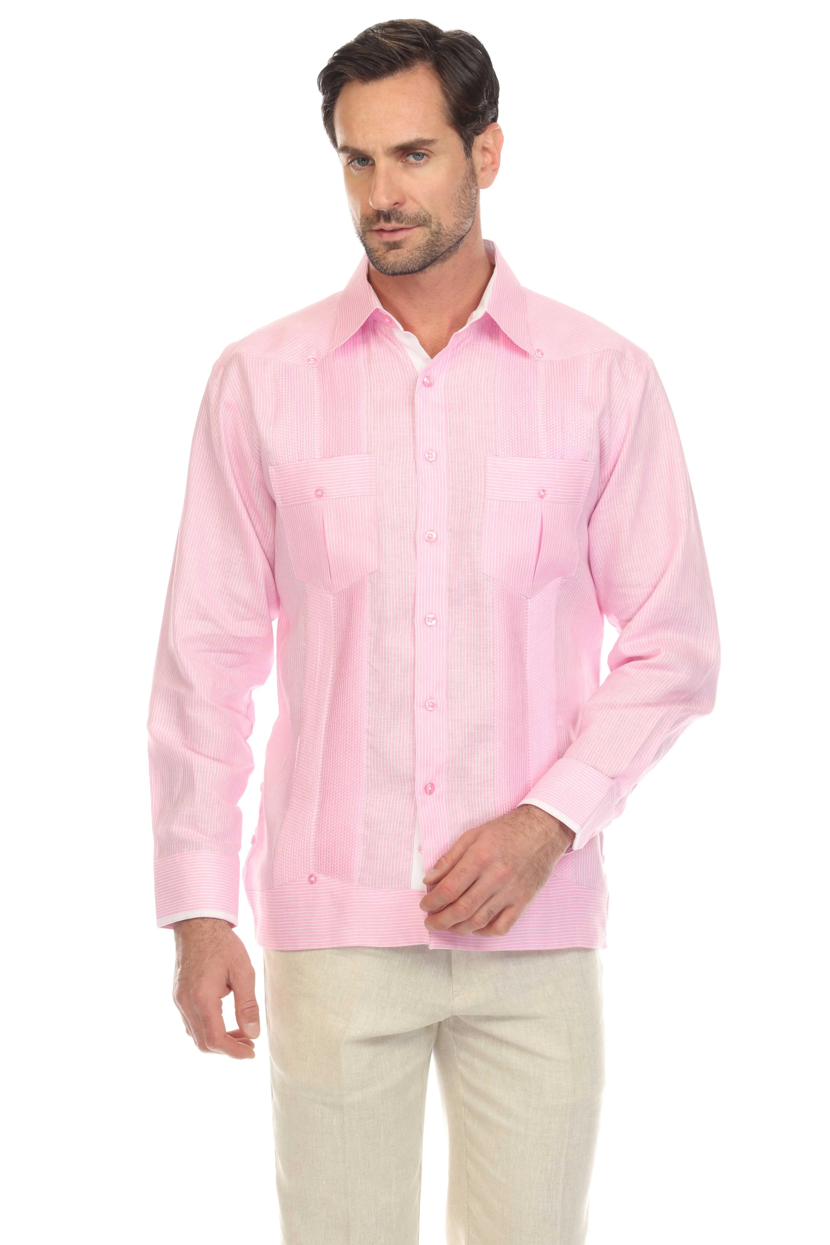 Mojito Men’s 100% Linen Contrast Panel Guayabera Long Sleeve with Refined Detailing