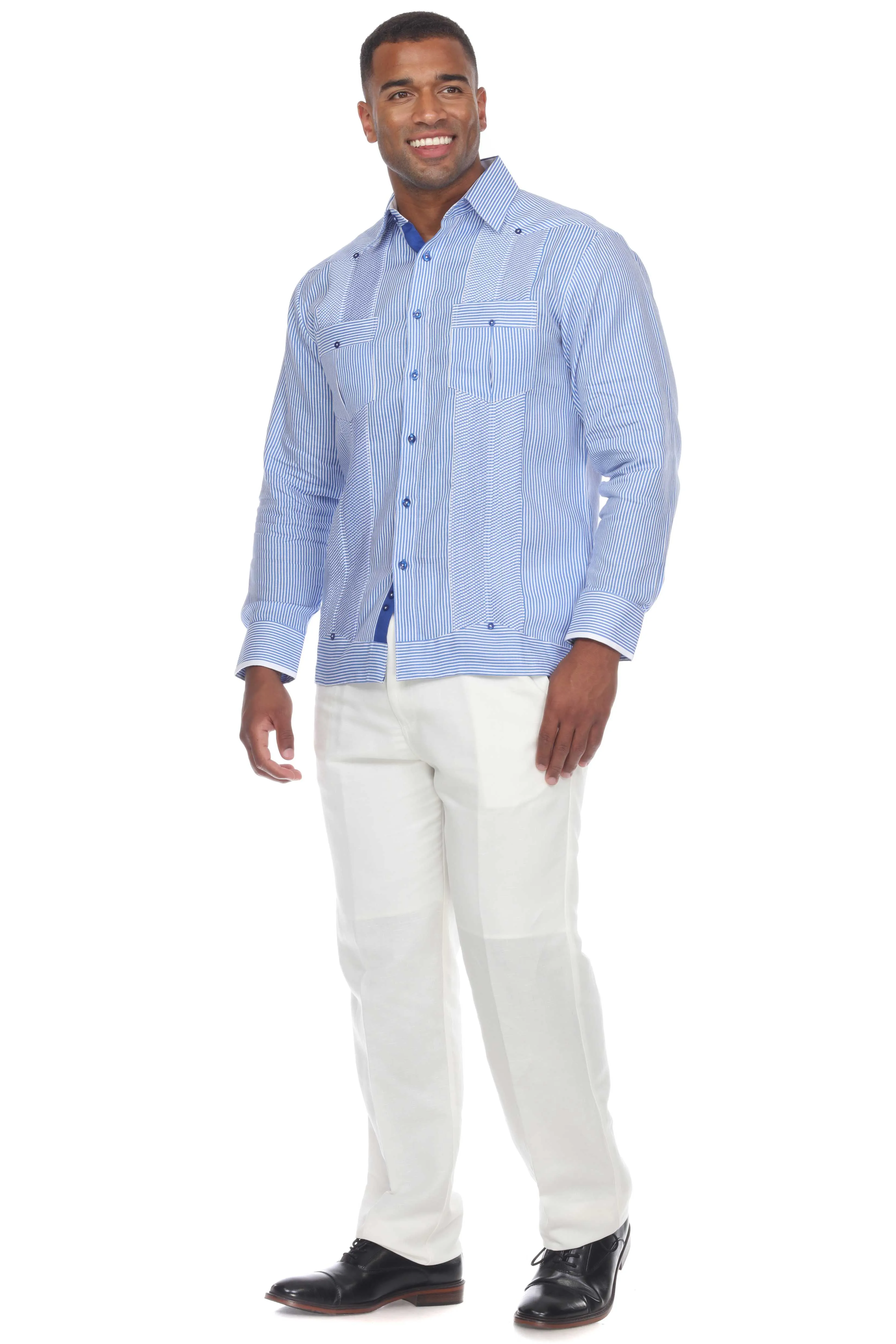 Mojito Men’s 100% Linen Contrast Panel Guayabera Long Sleeve with Refined Detailing