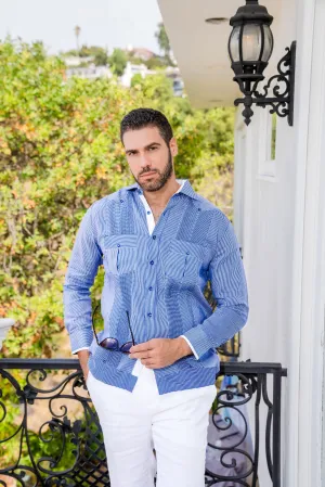 Mojito Men’s 100% Linen Contrast Panel Guayabera Long Sleeve with Refined Detailing