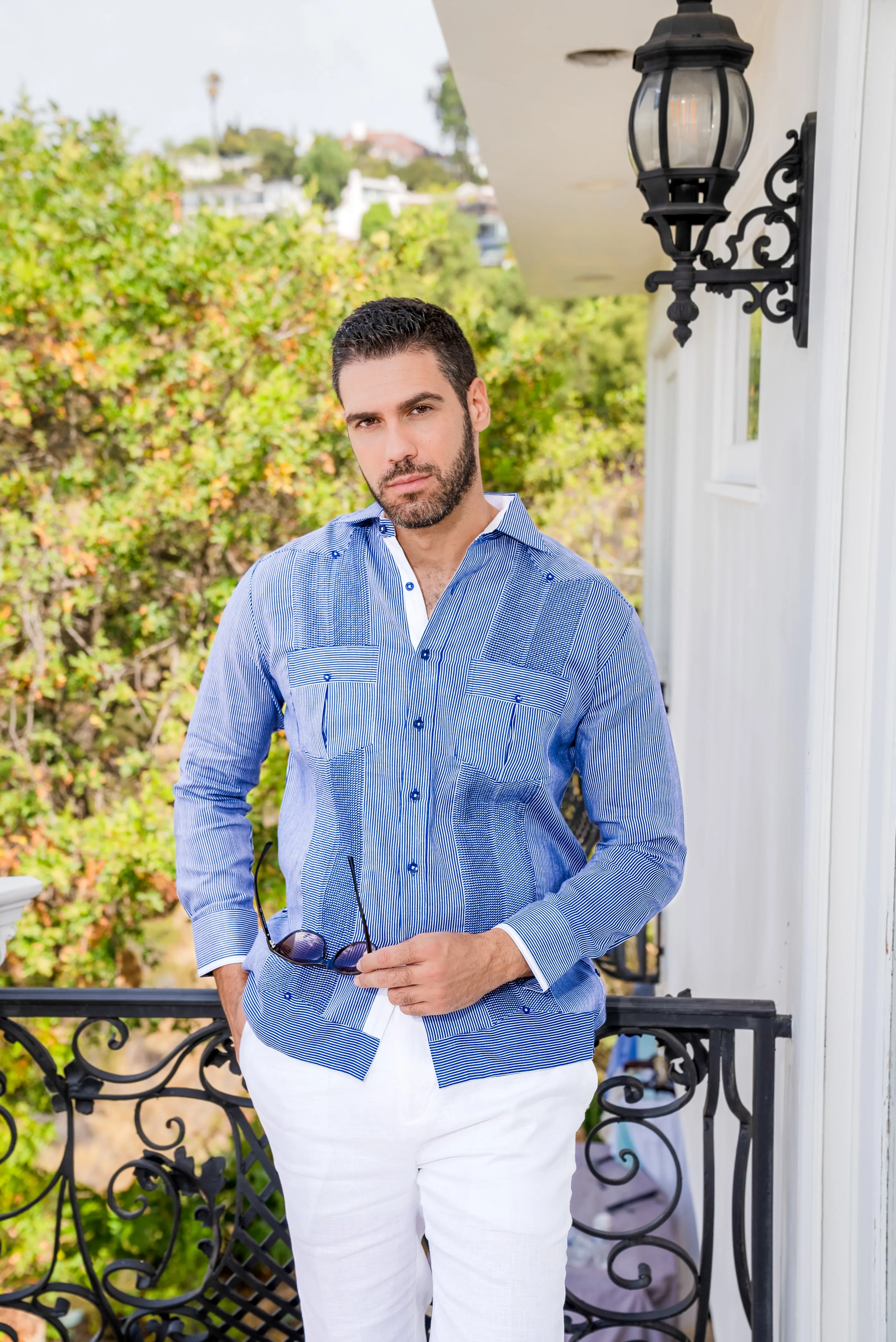 Mojito Men’s 100% Linen Contrast Panel Guayabera Long Sleeve with Refined Detailing