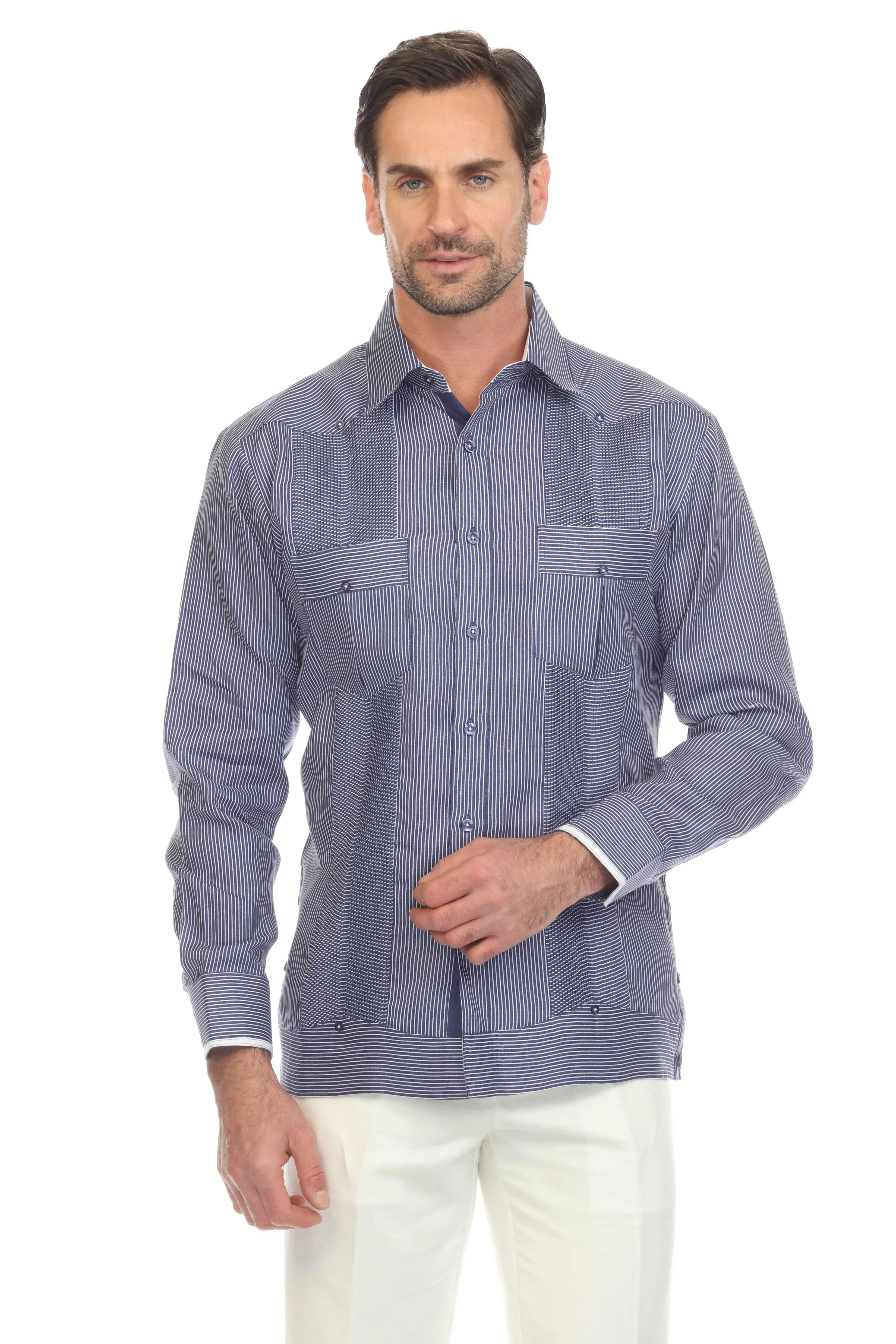 Mojito Men’s 100% Linen Contrast Panel Guayabera Long Sleeve with Refined Detailing