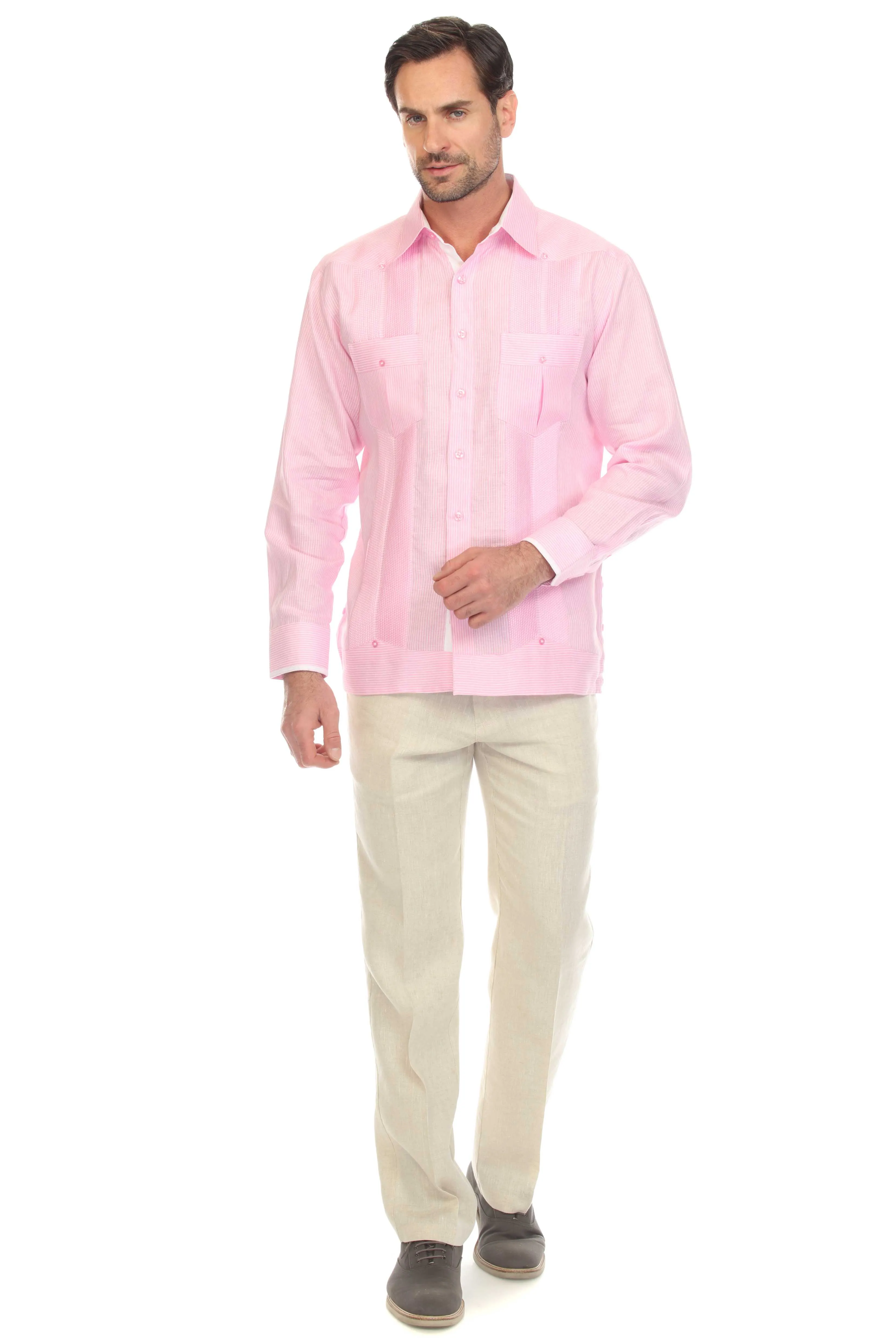 Mojito Men’s 100% Linen Contrast Panel Guayabera Long Sleeve with Refined Detailing