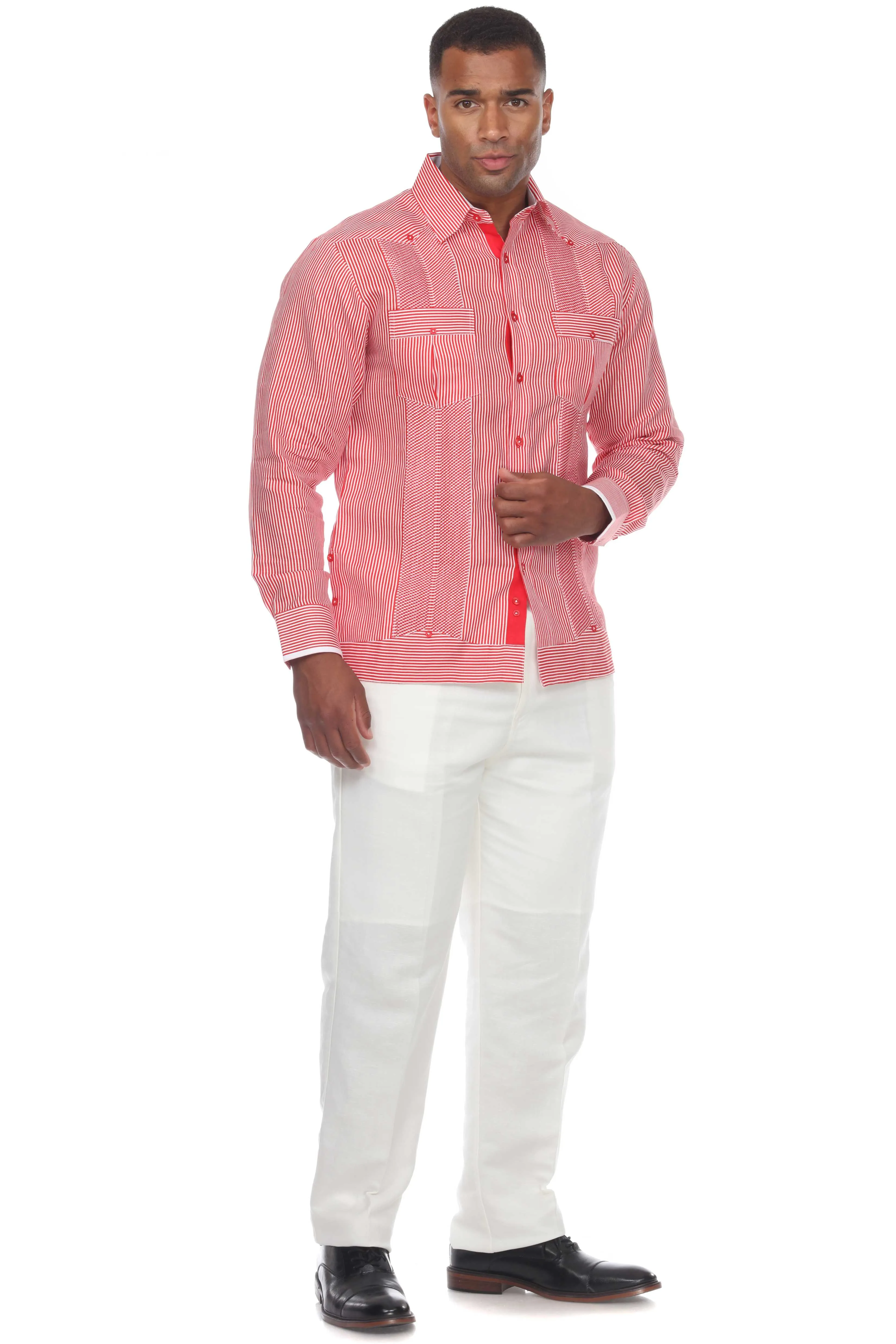 Mojito Men’s 100% Linen Contrast Panel Guayabera Long Sleeve with Refined Detailing