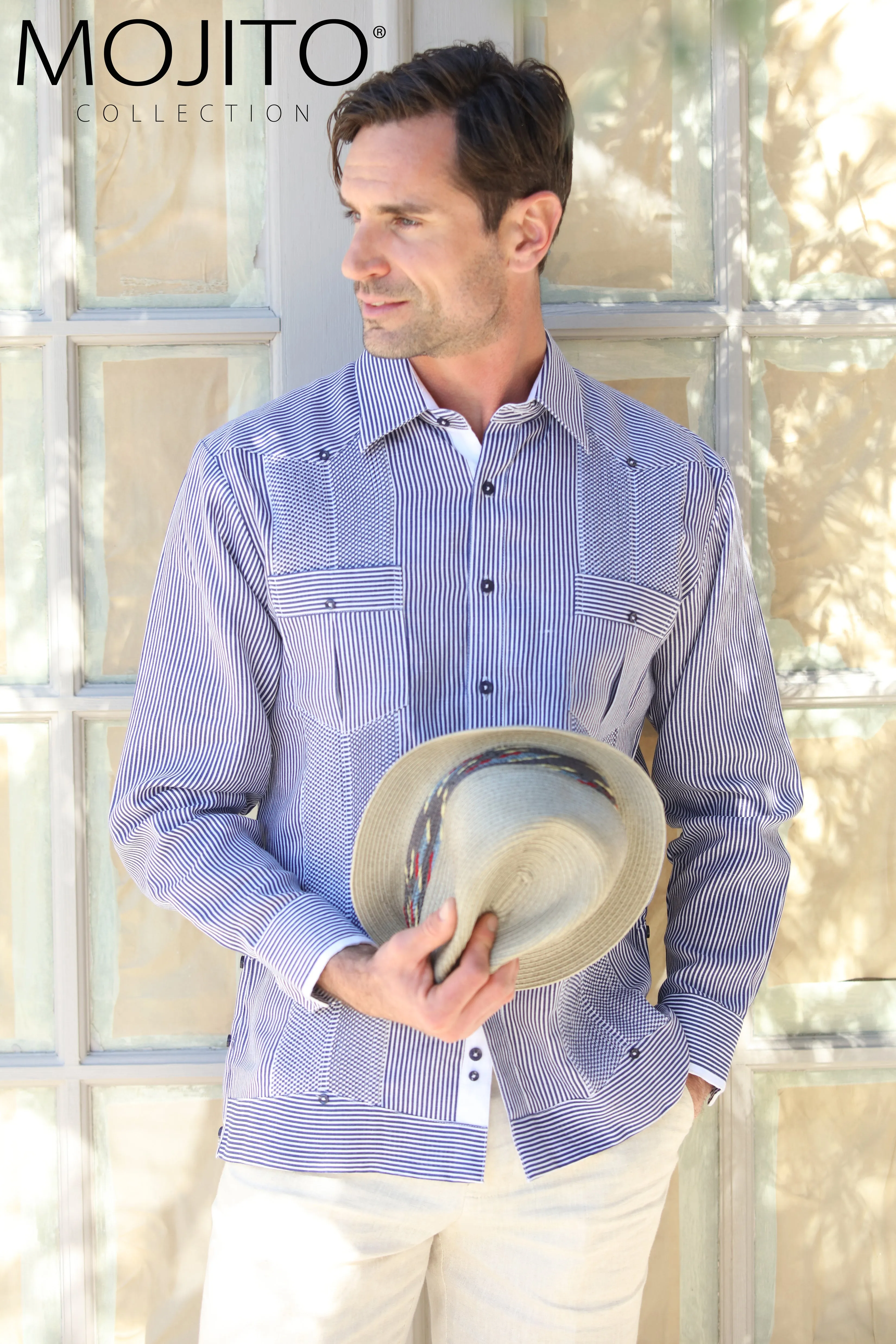 Mojito Men’s 100% Linen Contrast Panel Guayabera Long Sleeve with Refined Detailing