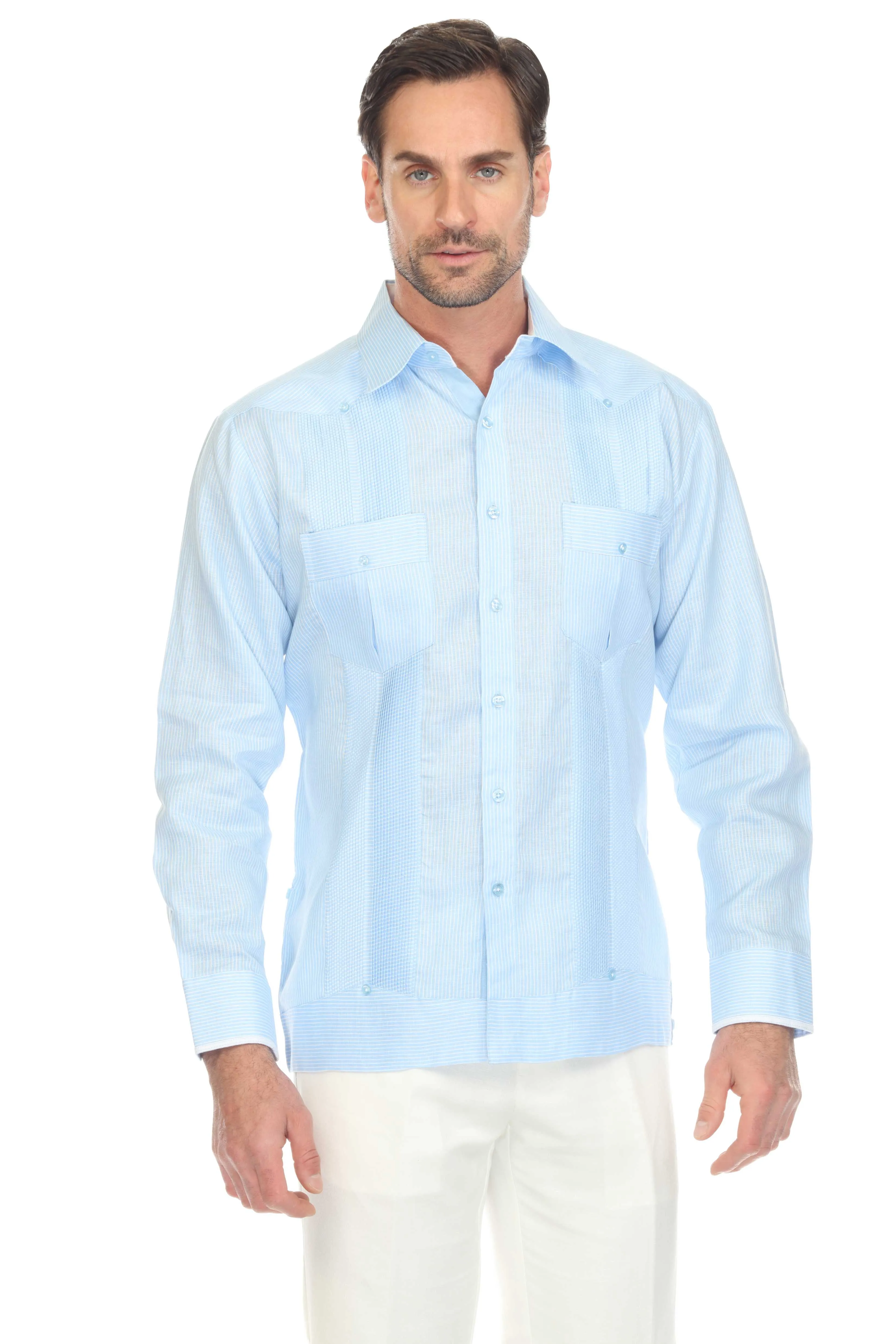 Mojito Men’s 100% Linen Contrast Panel Guayabera Long Sleeve with Refined Detailing