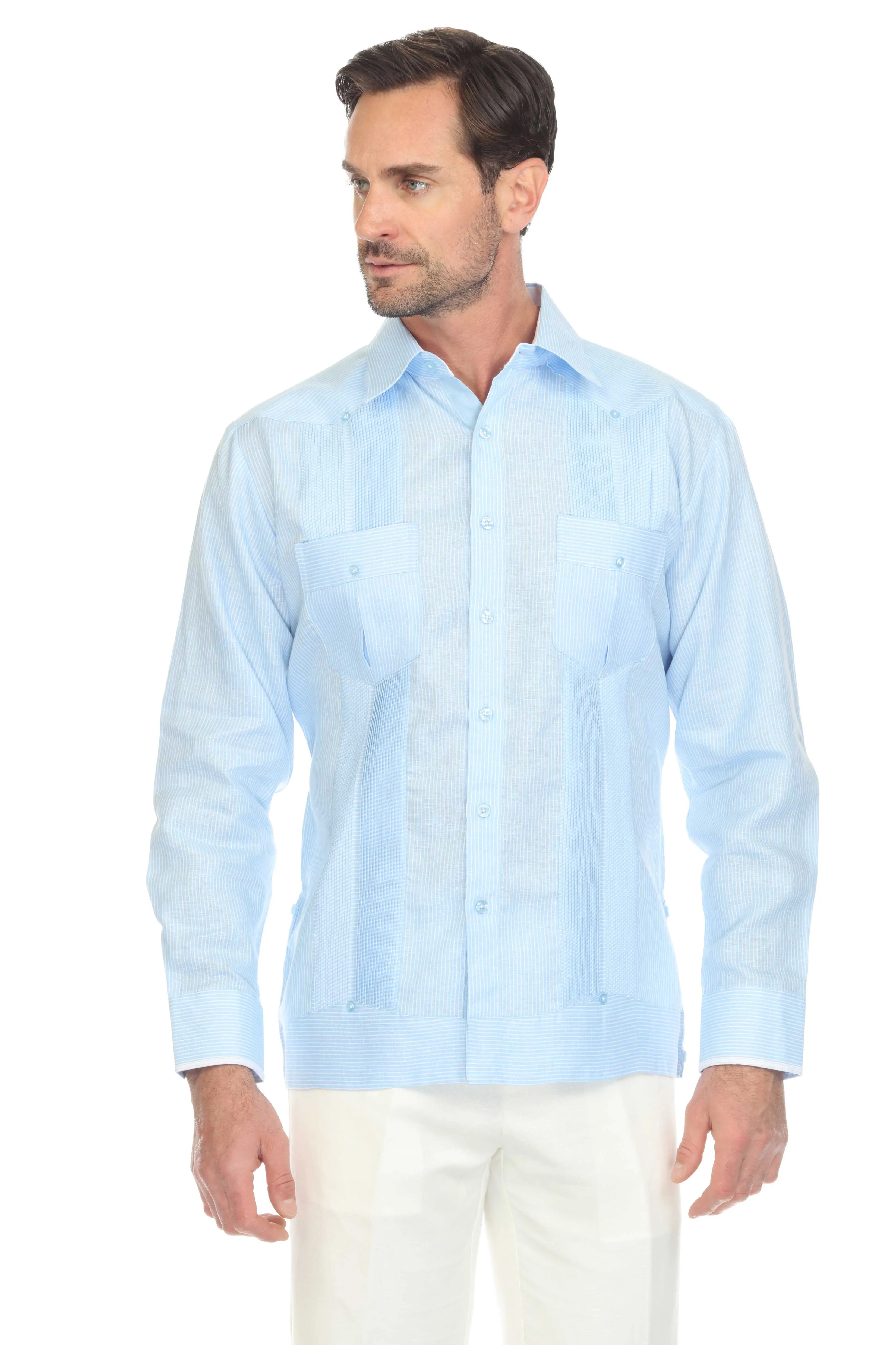 Mojito Men’s 100% Linen Contrast Panel Guayabera Long Sleeve with Refined Detailing