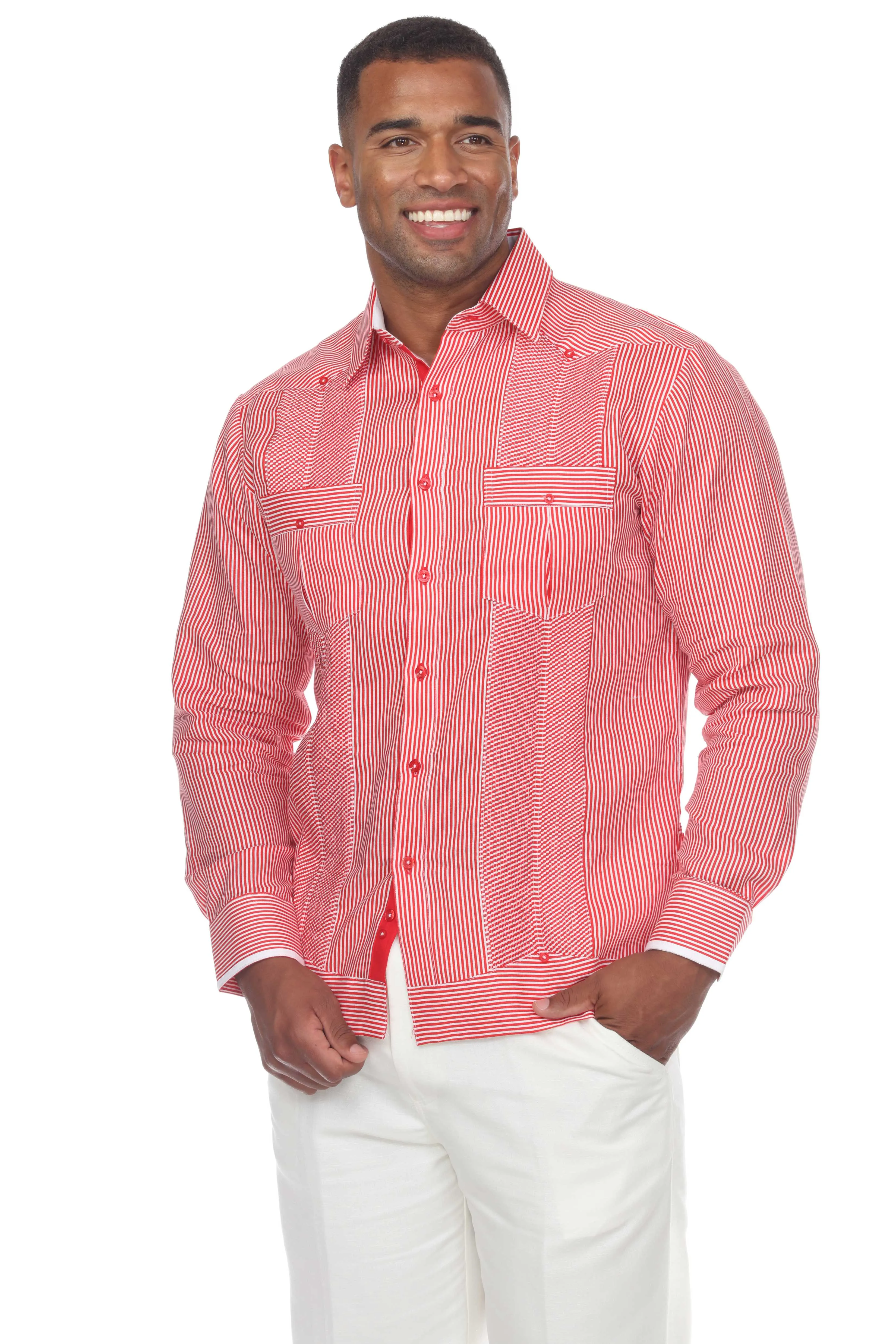 Mojito Men’s 100% Linen Contrast Panel Guayabera Long Sleeve with Refined Detailing