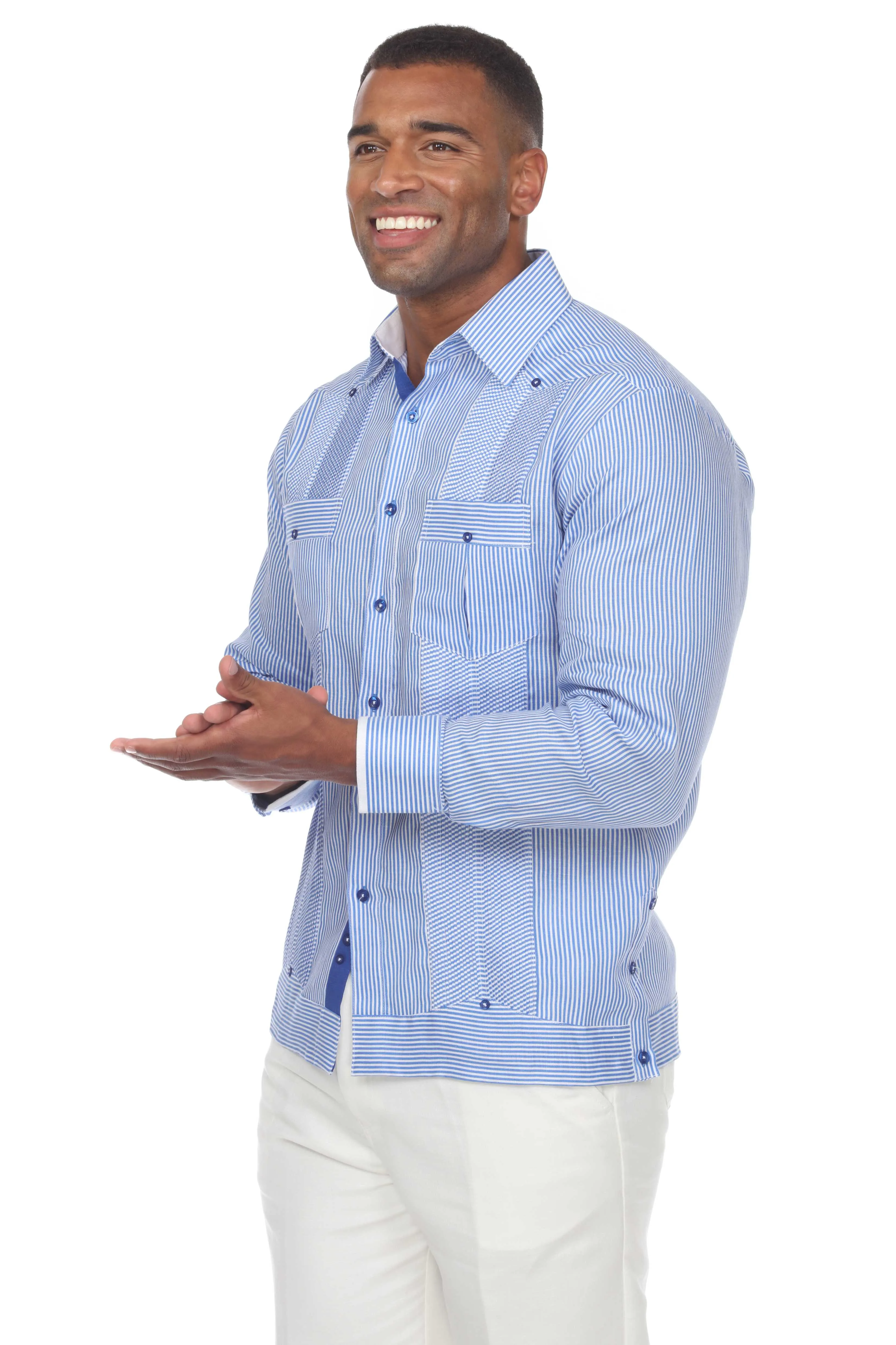 Mojito Men’s 100% Linen Contrast Panel Guayabera Long Sleeve with Refined Detailing