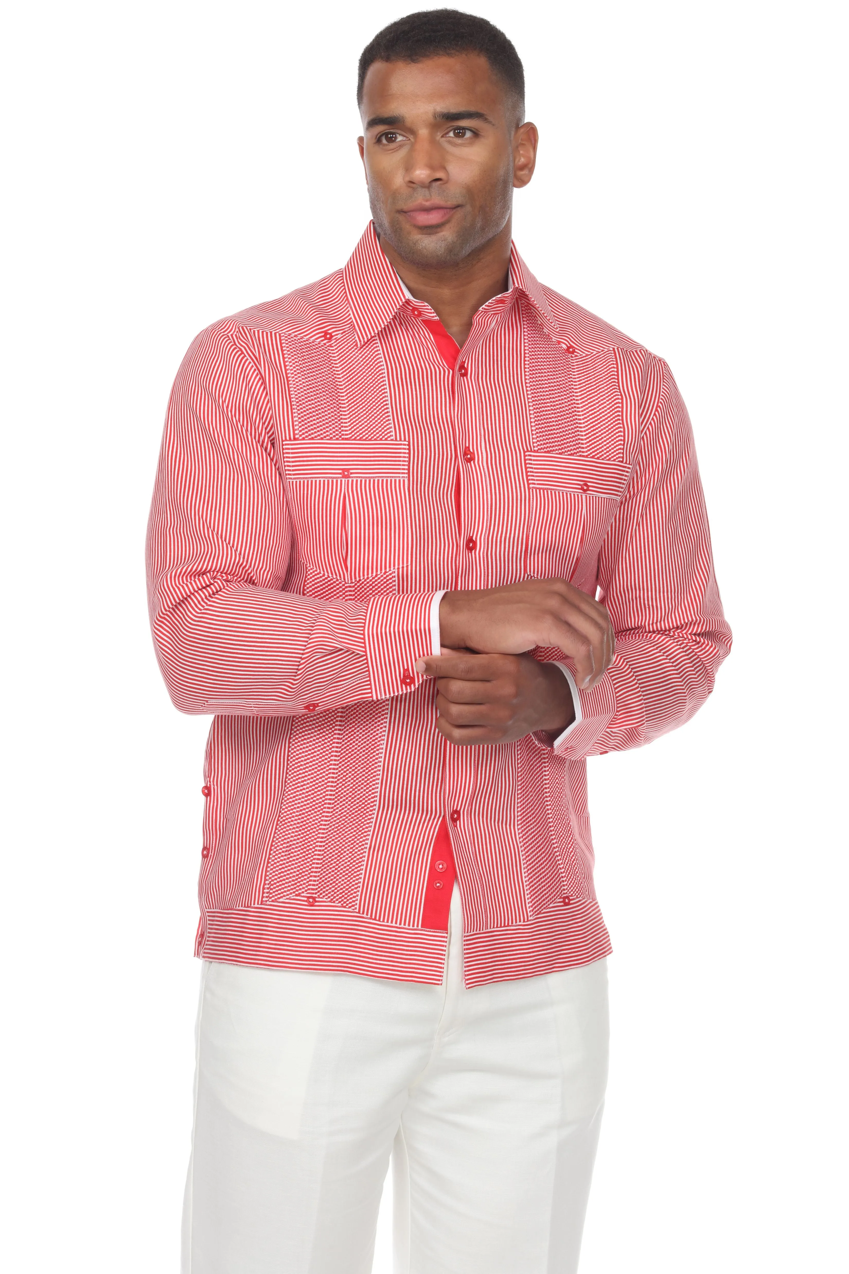 Mojito Men’s 100% Linen Contrast Panel Guayabera Long Sleeve with Refined Detailing