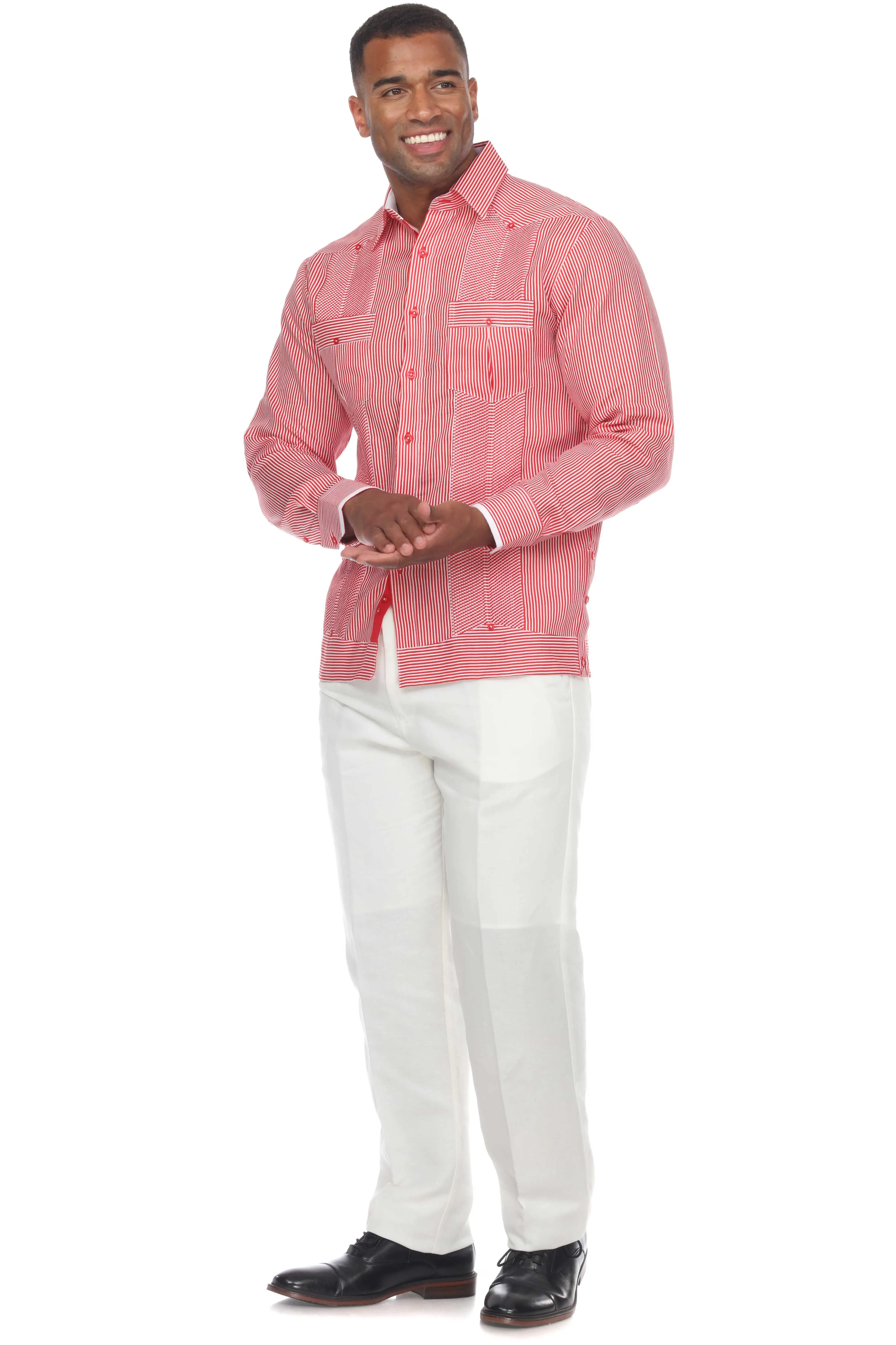 Mojito Men’s 100% Linen Contrast Panel Guayabera Long Sleeve with Refined Detailing